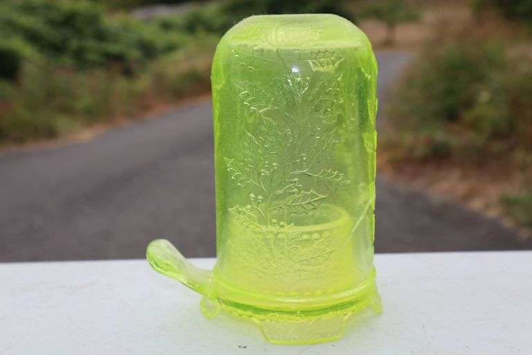 candle holder and chimney OPALESCENT VASELINE glass Pacific Auctions