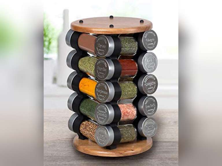 Olde Thompson Rotating Rack 20 Jar Embossed Revolving Spice Rack,Acacia