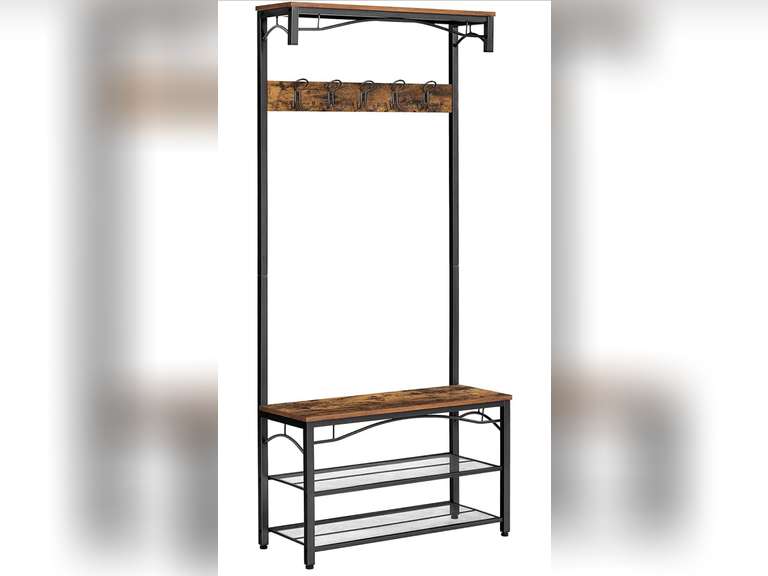 VASAGLE Industrial Coat Rack, 3in1 Hall Tree, Entryway Shoe Bench