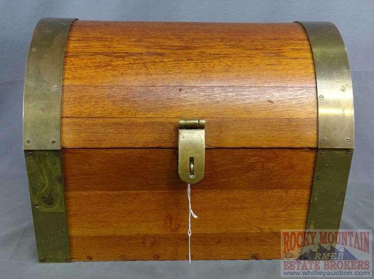 Cool Vintage Dome Top Wooden Trunk with Brass Hinges & Accents. This is