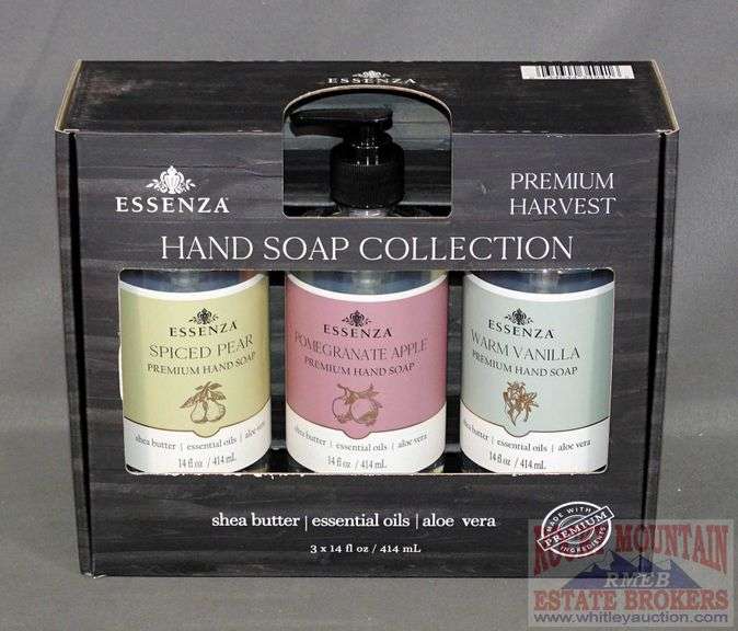 New Essenza Premium Harvest hand soap collection with 3 assorted 14