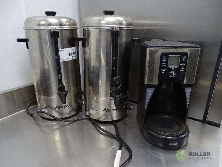 (2) Adcraft WB40 40Cup Water Boilers and Mr. Coffee Brewer Roller