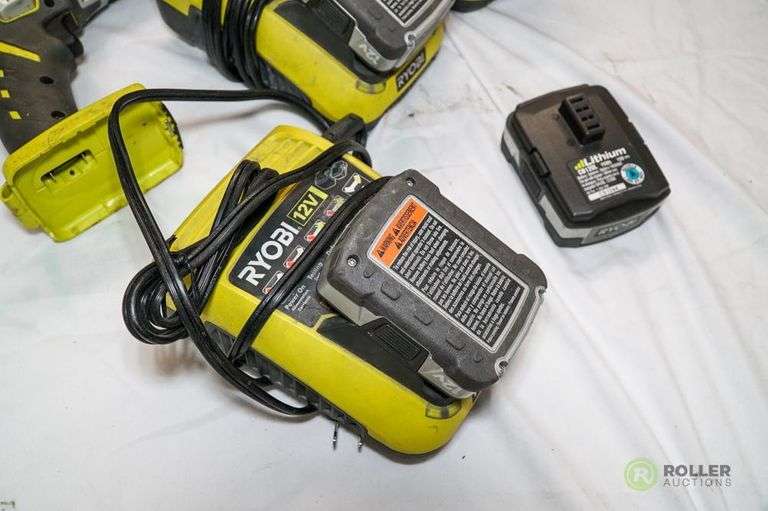 Ryobi HJP002 3/8in Cordless 12V Drill, (4) Ryobi 12V Batteries, (3