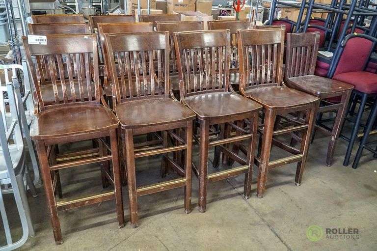 (11) Wood Bar Chairs With Brass Foot Plates and (2) Wood Bar Chairs