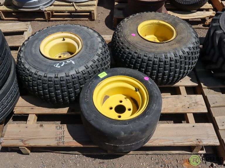 (2) Armstrong 25x129 Turf Tractor Tires with Rims, Carlisle 18x10.50