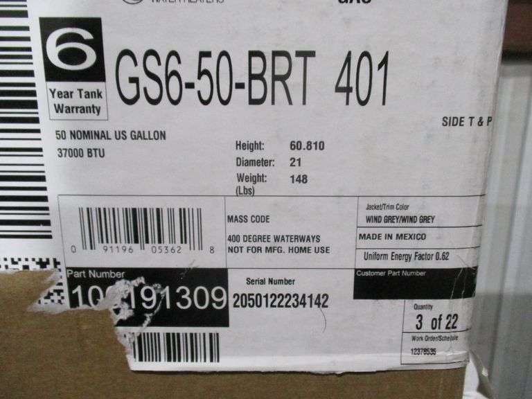 STATE WATER HEATER MDL GS650BRT 401, S/N 2050122234132, PROPANE GAS