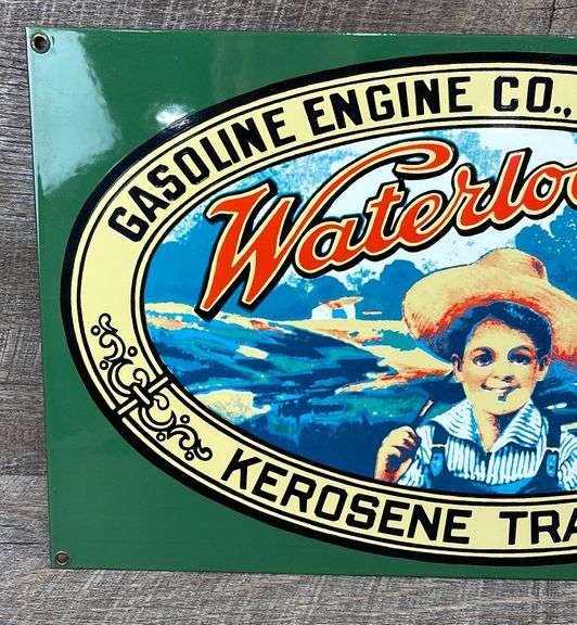 Waterloo Boy reproduction porcelain sign Schneider Auctioneers LLC