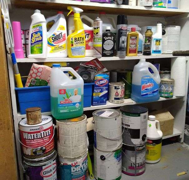 Assortment of Cleaners, Paints + Supplies Bring Boxes For Removal