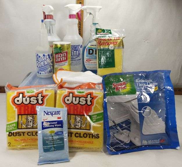 Assortment of Cleaning Supplies, Dust Cloths, Cleansing Wipes, Bathroom