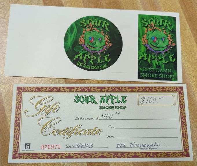 100 Gift Certificate to Sour Apple Smoke Shop (Mount Pleasant or Evart) Sherwood Auctions