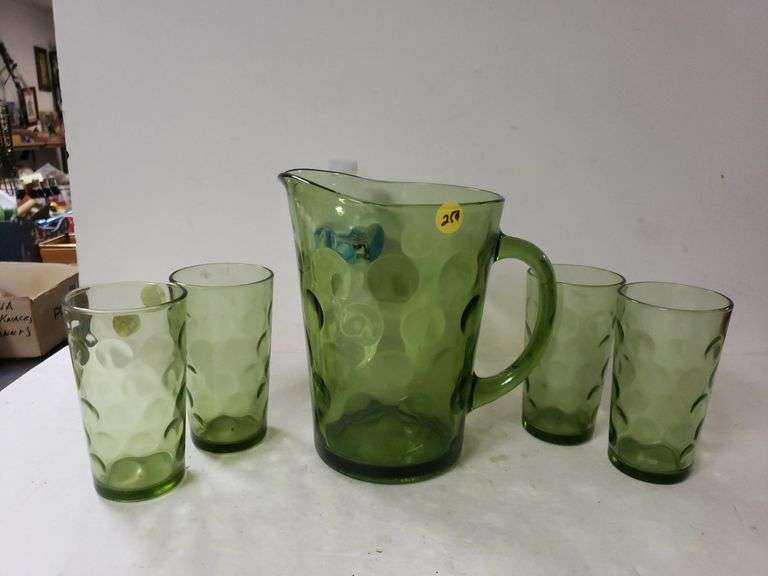 Vintage Green Glass Pitcher And Glasses Set Trice Auctions