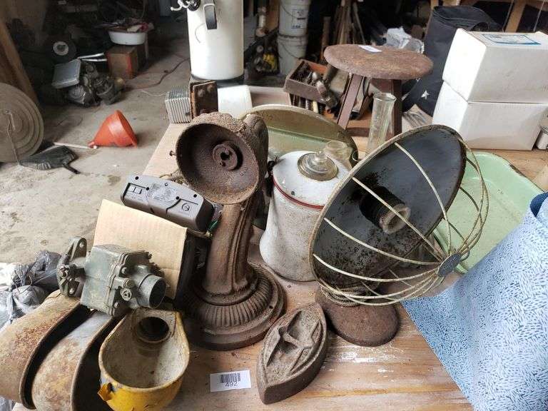 Antique Fan, Enamel Pan, Enamel Coffee Pot Light Fixture, Milk Bottle