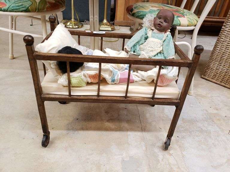 Antique Baby Doll Crib With Antique Dolls And Bedding Trice Auctions