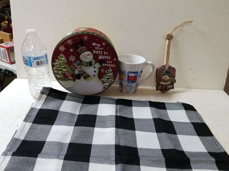 Lot Of Misc Homegoods, Cookie Tins, Mug, Hand Towels, Let It Snow