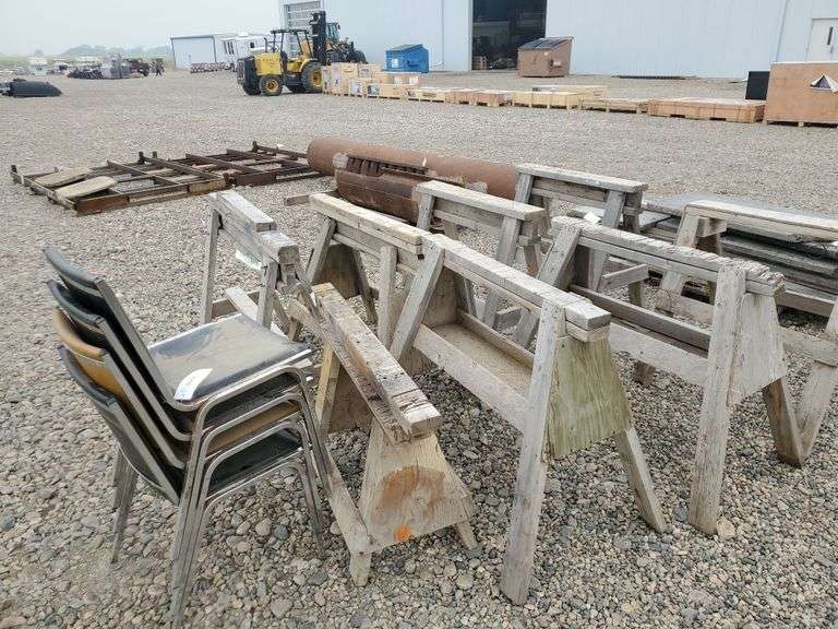 8 wooden saw horses, chairs Yorkton Auction Centre