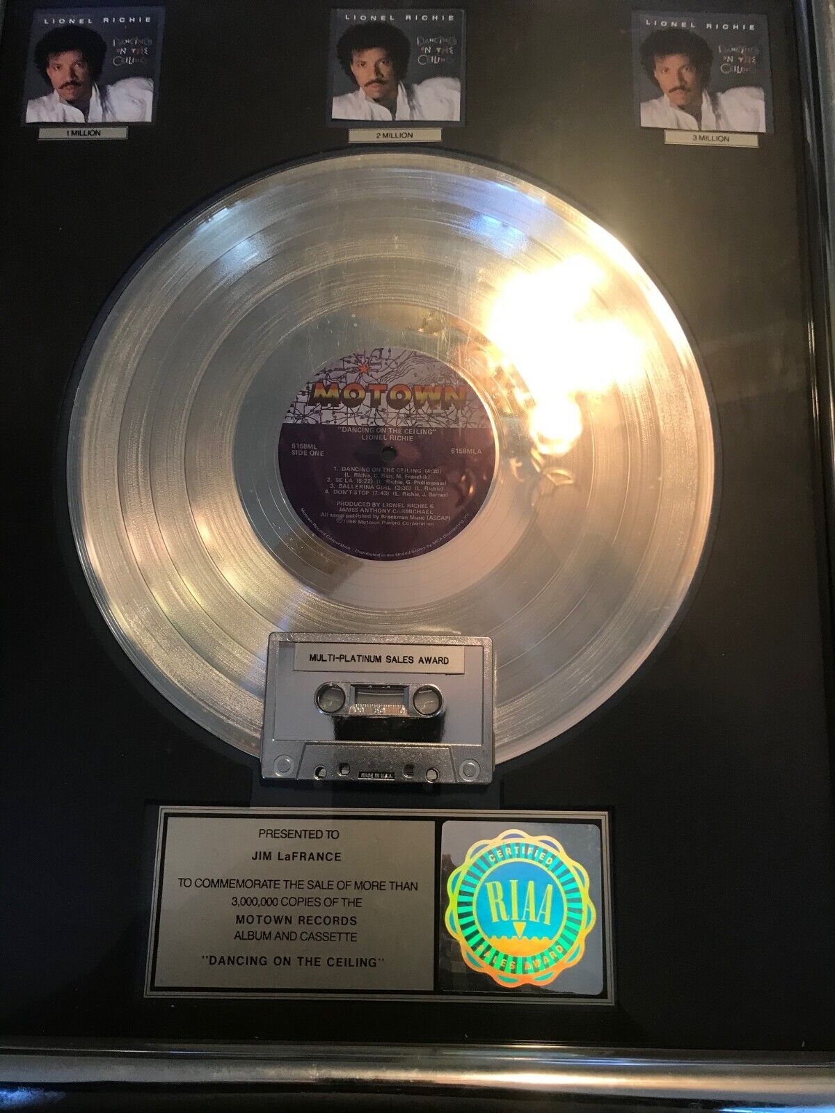 Lionel Richie Dancing On The Ceiling RIAA Platinum Award Memorabilia