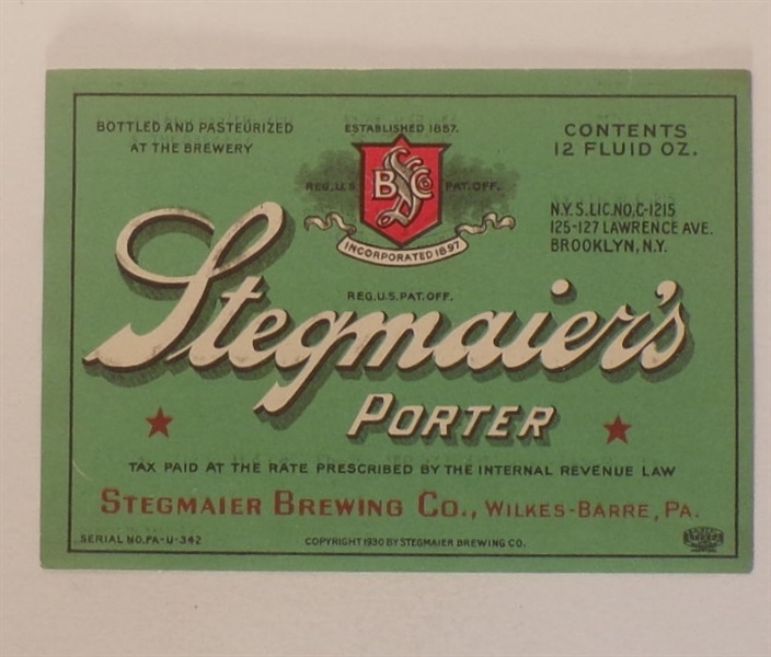 Lot Detail Stegmaier Beer Label 9, WilkesBarre, PA