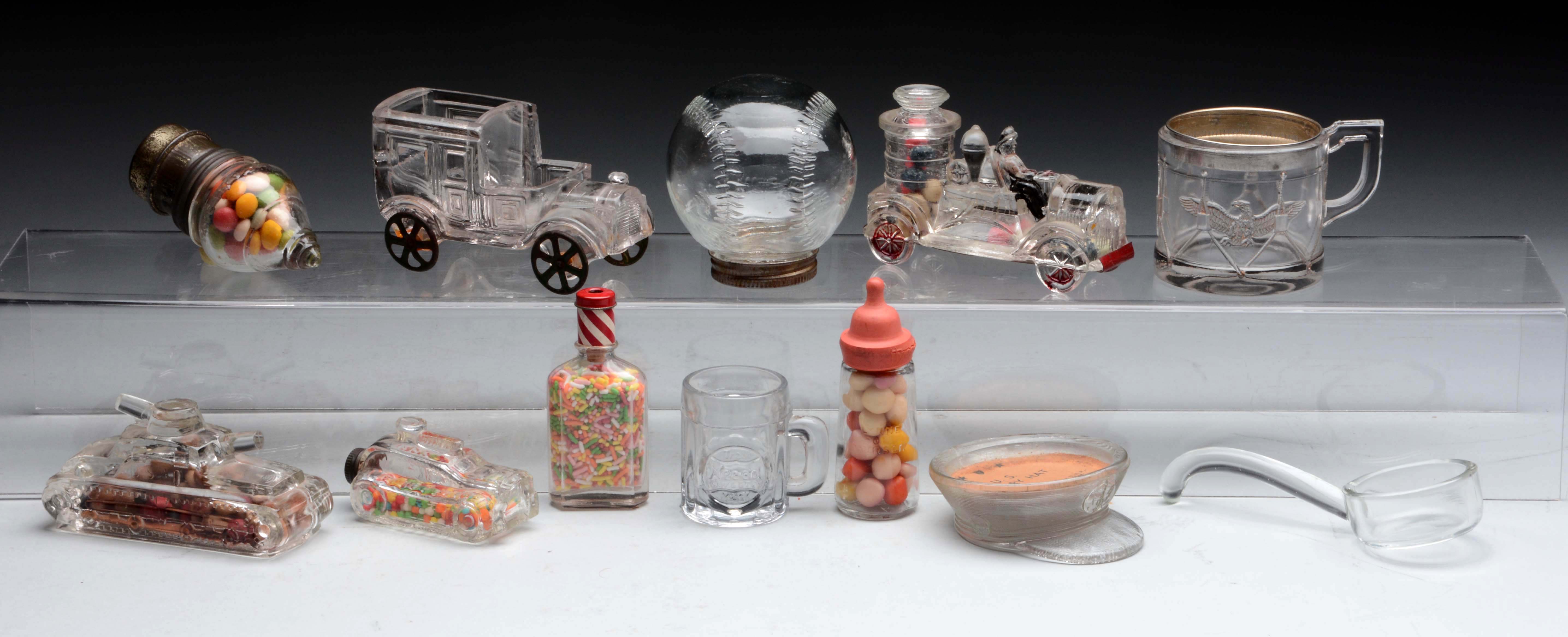 Lot Detail LOT OF 12 ASSORTED GLASS CANDY CONTAINERS.