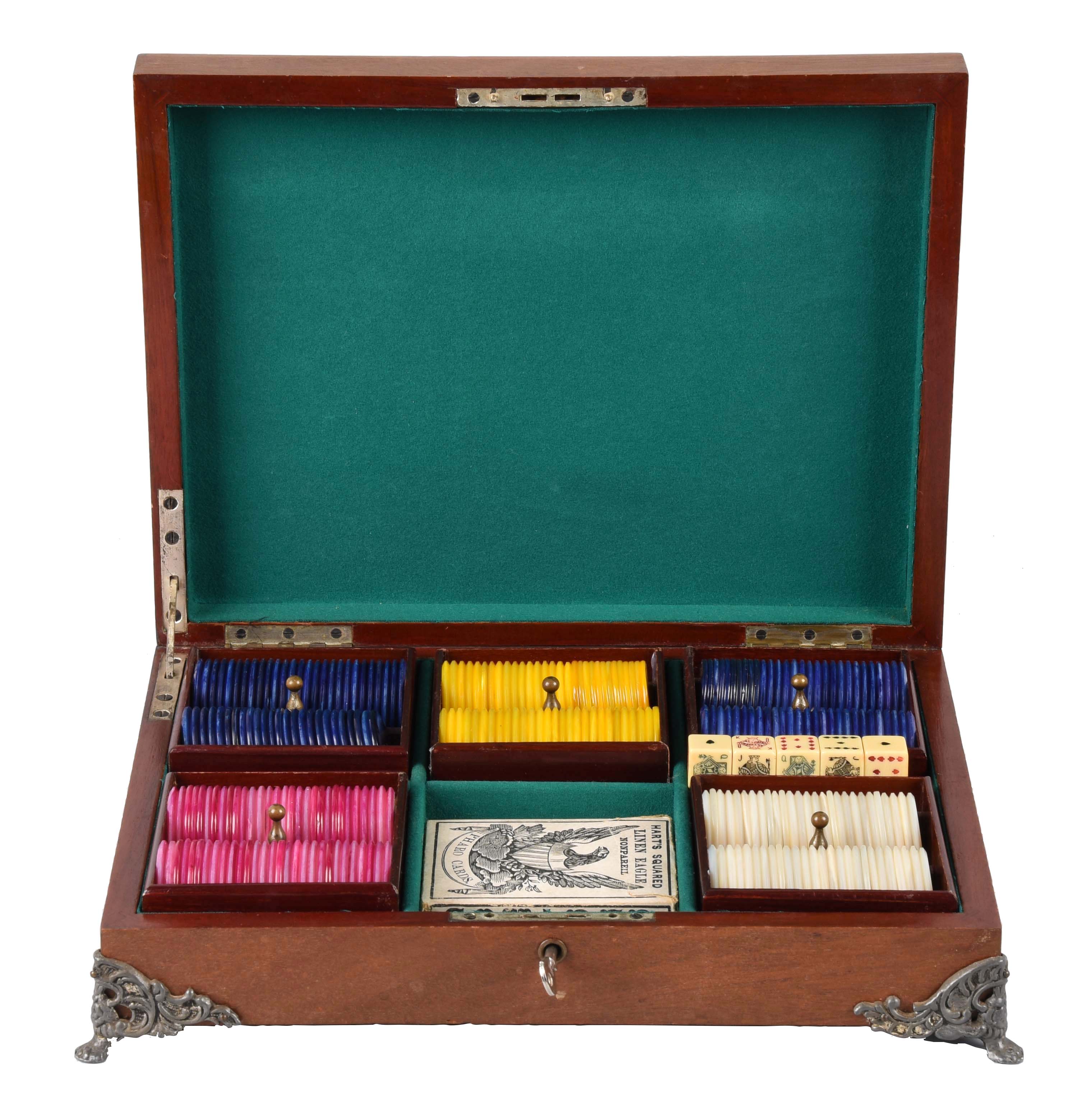 Lot Detail WOODEN POKER CHIP BOX WITH PLAYING CARDS, CHIPS AND DICE.