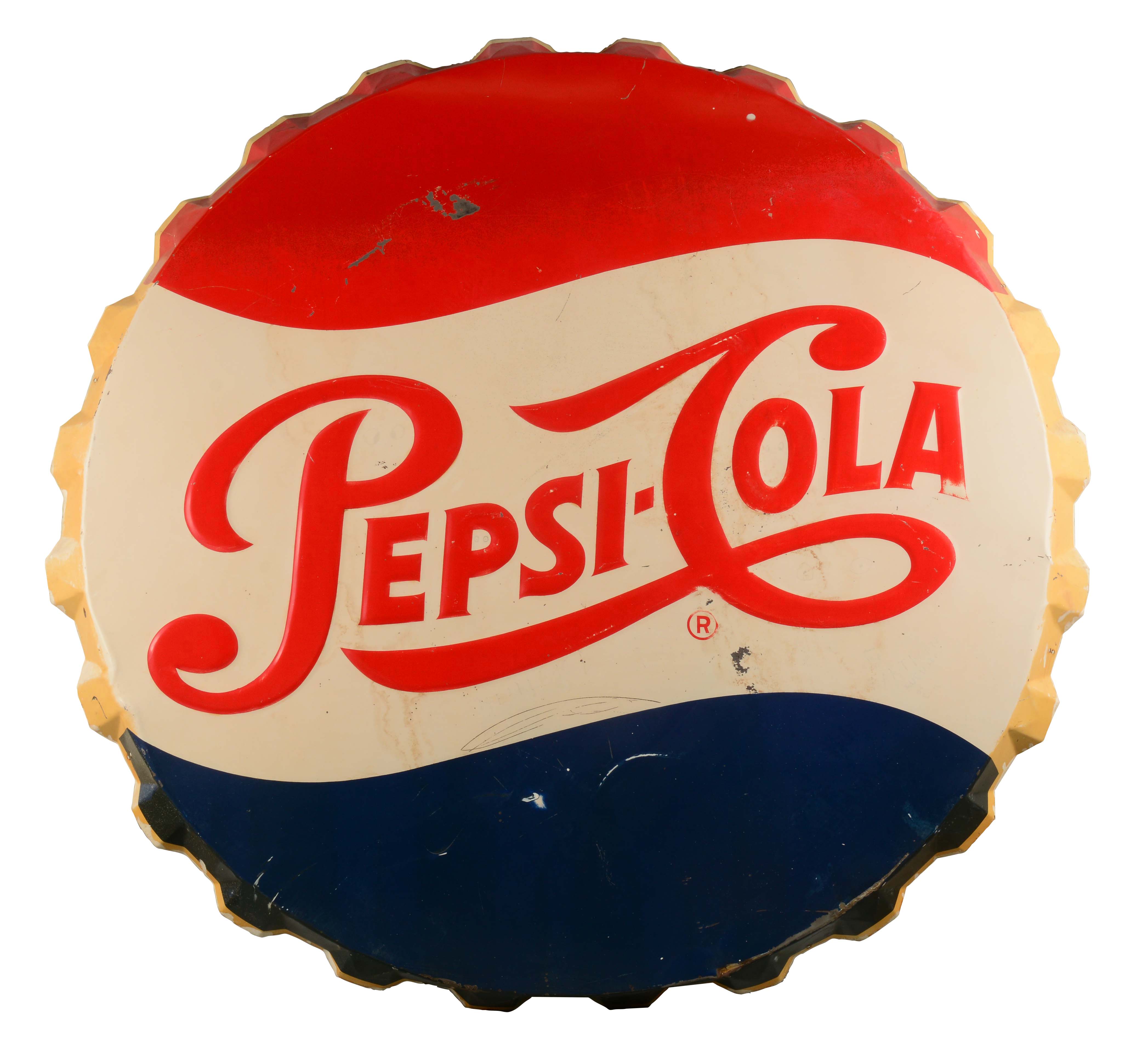Lot Detail LARGE PEPSI COLA TIN BOTTLE CAP SIGN.
