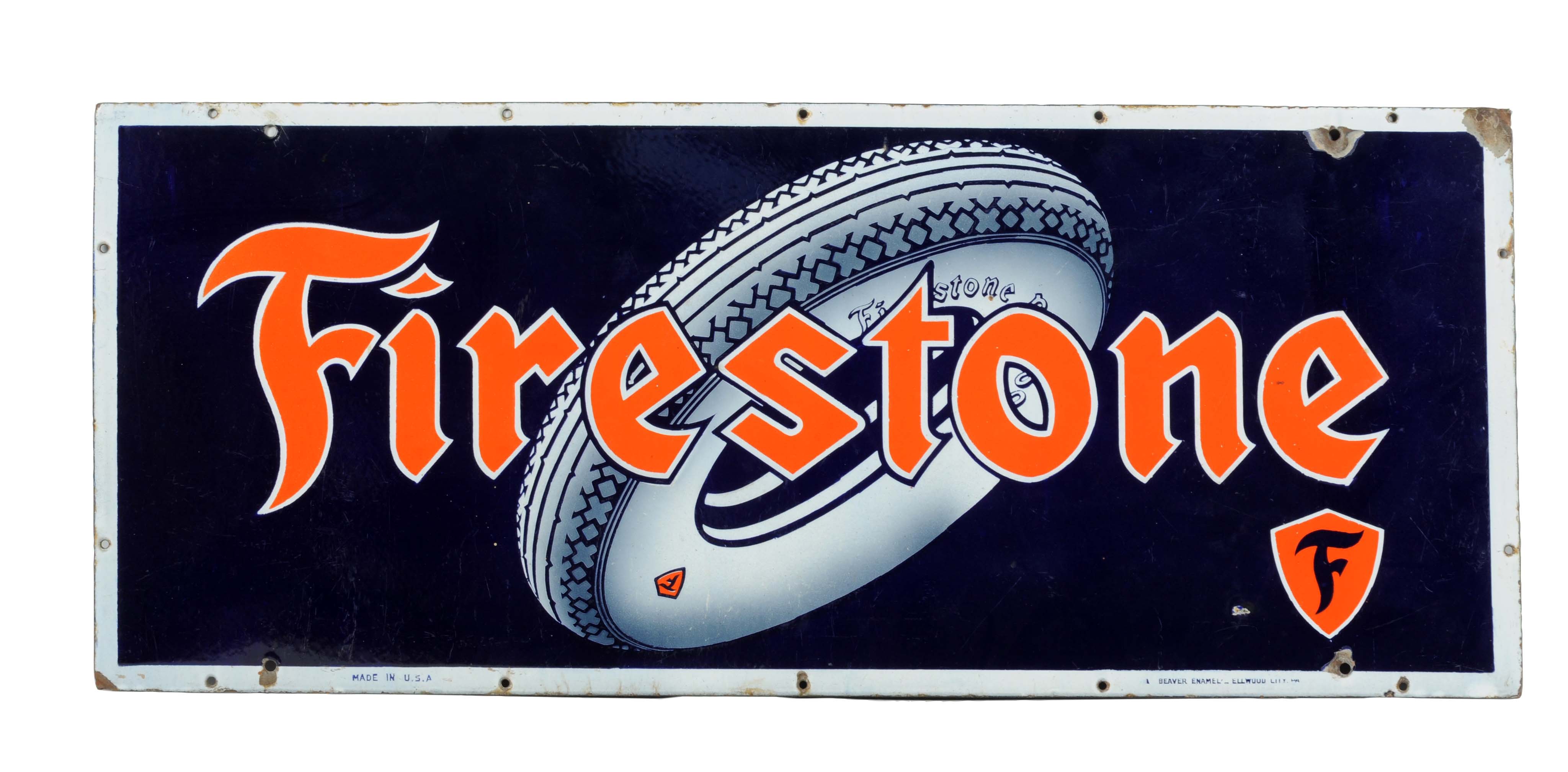 Firestone Tires w/ Tire Graphic Porcelain Strip Sign. auctions