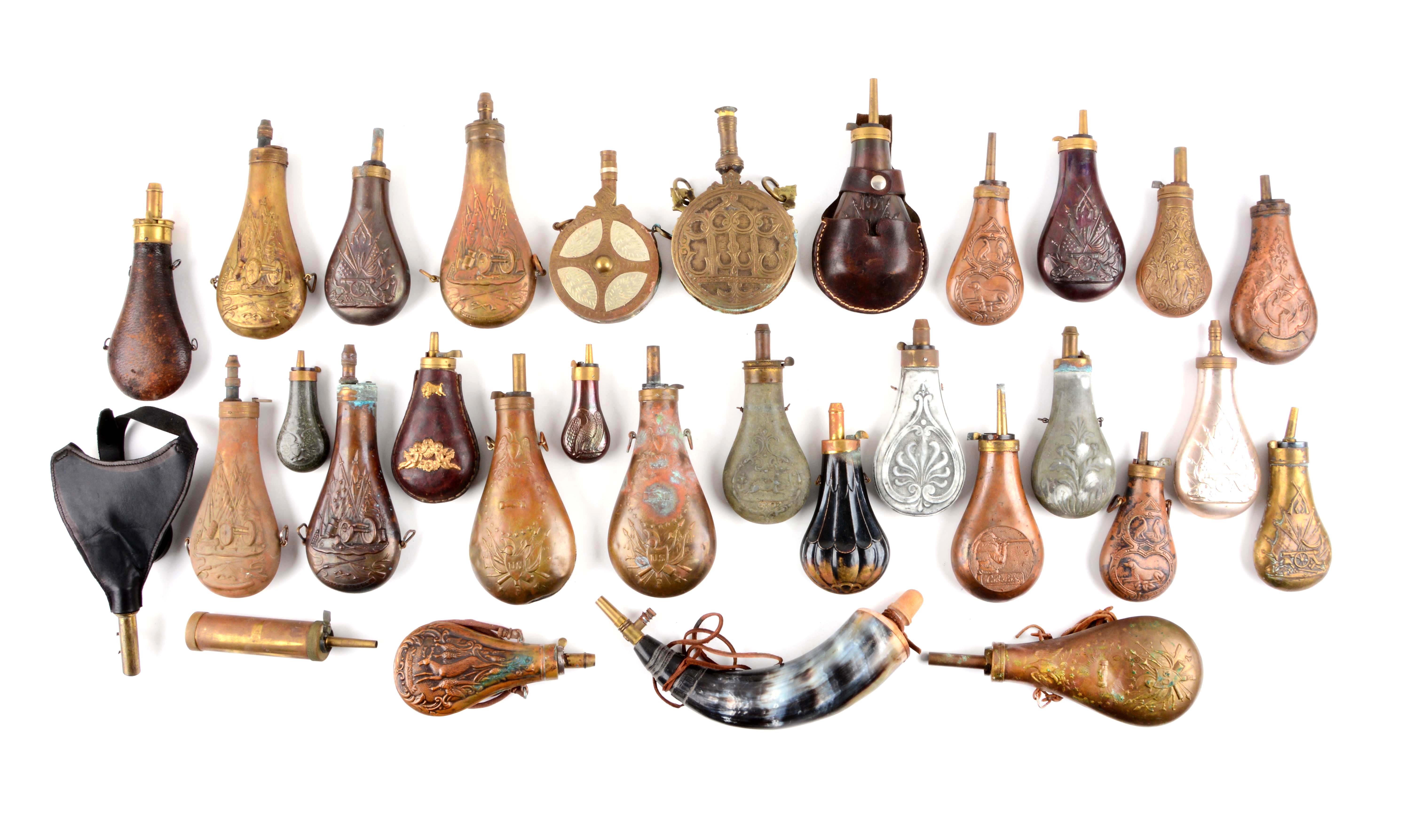 Lot Detail LARGE LOT OF REPRODUCTION POWDER FLASKS.
