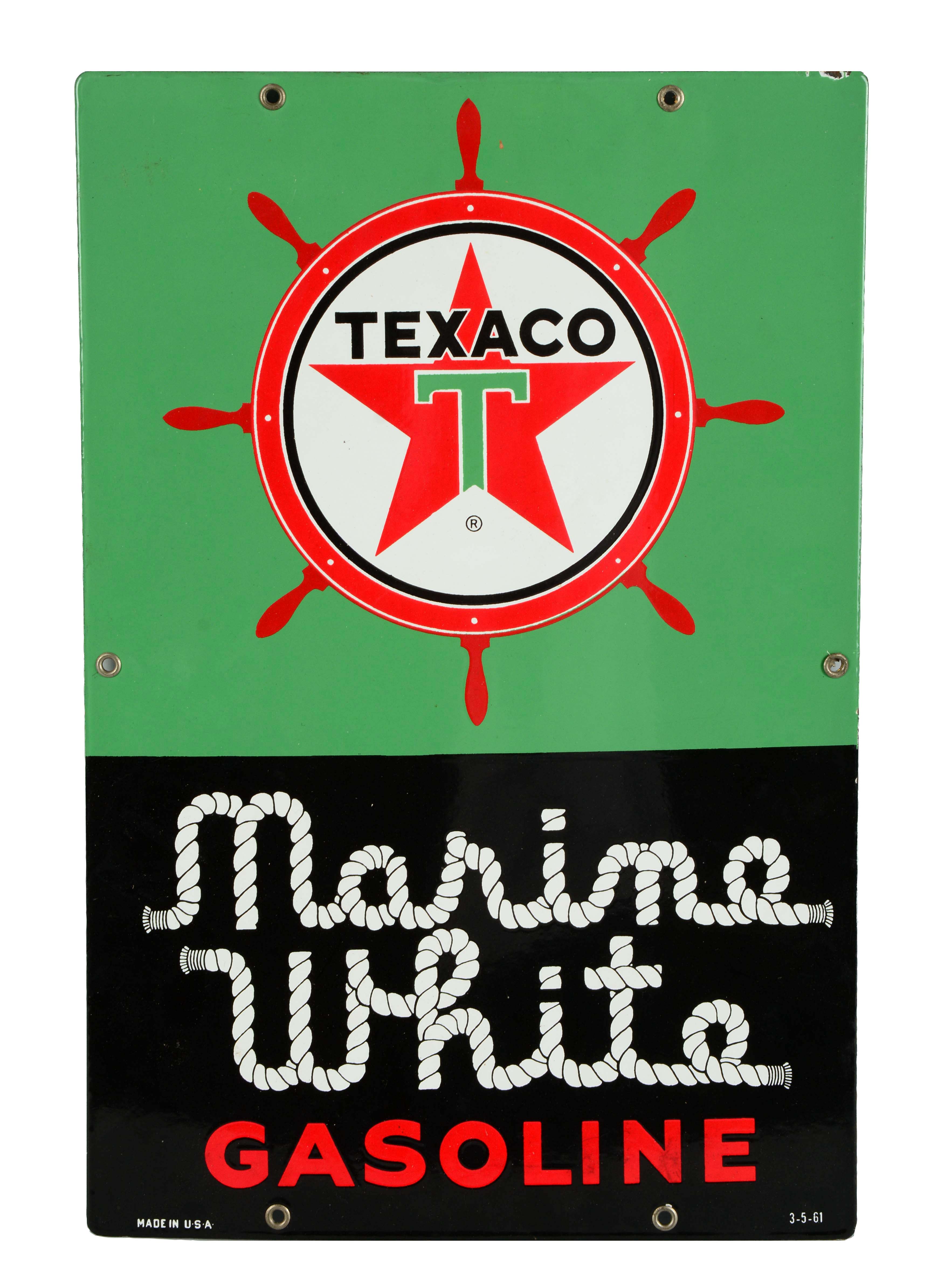 Lot Detail TEXACO MARINE WHITE GASOLINE PORCELAIN PUMP PLATE.