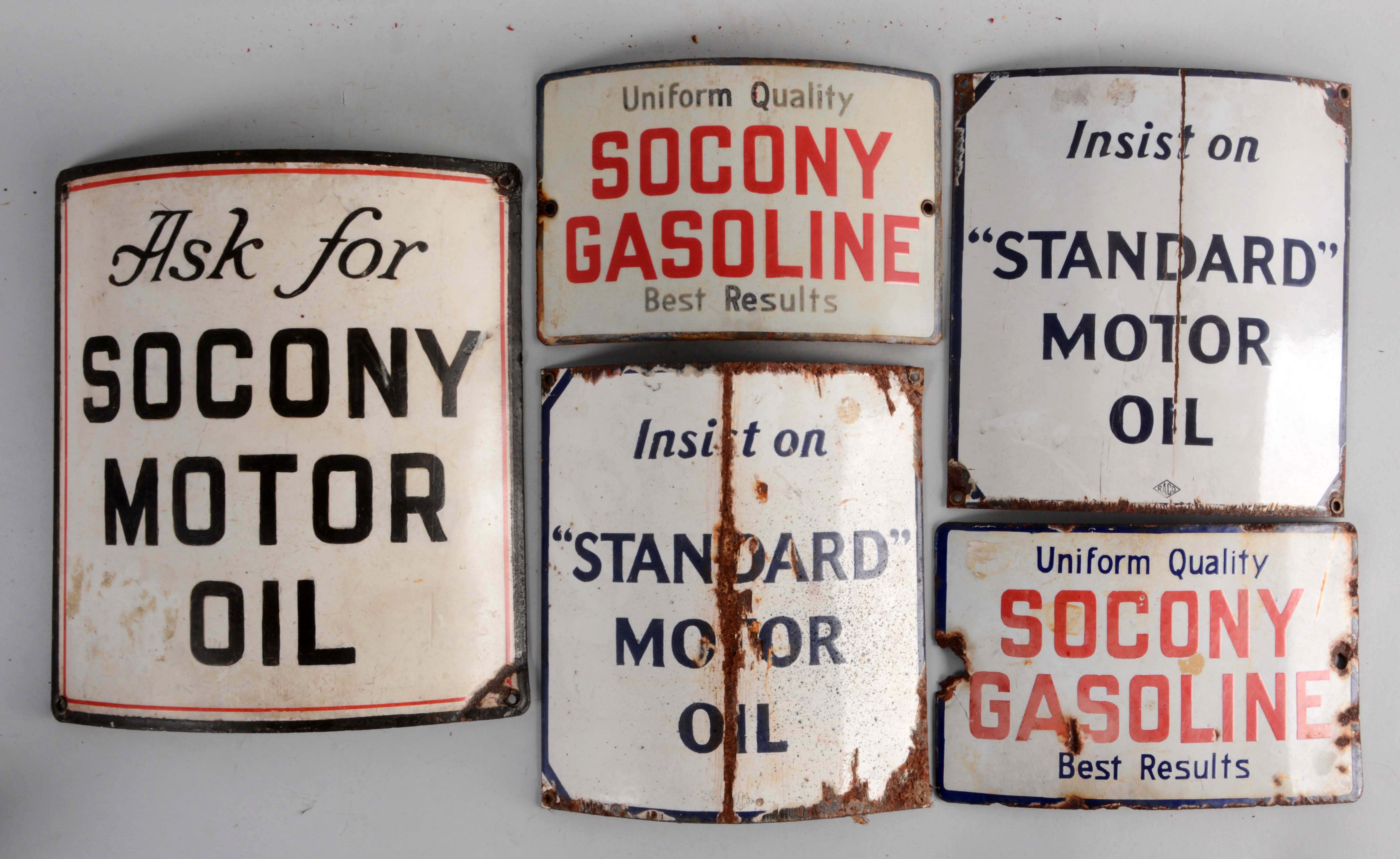 Lot Detail LOT OF 5 SOCONY & STANDARD CURVED PORCELAIN PUMP PLATES.