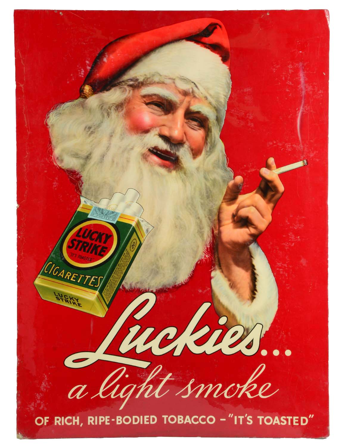 Lot Detail LUCKIES CIGARETTES SANTA SMOKING CARDBOARD ADVERTISING SIGN.