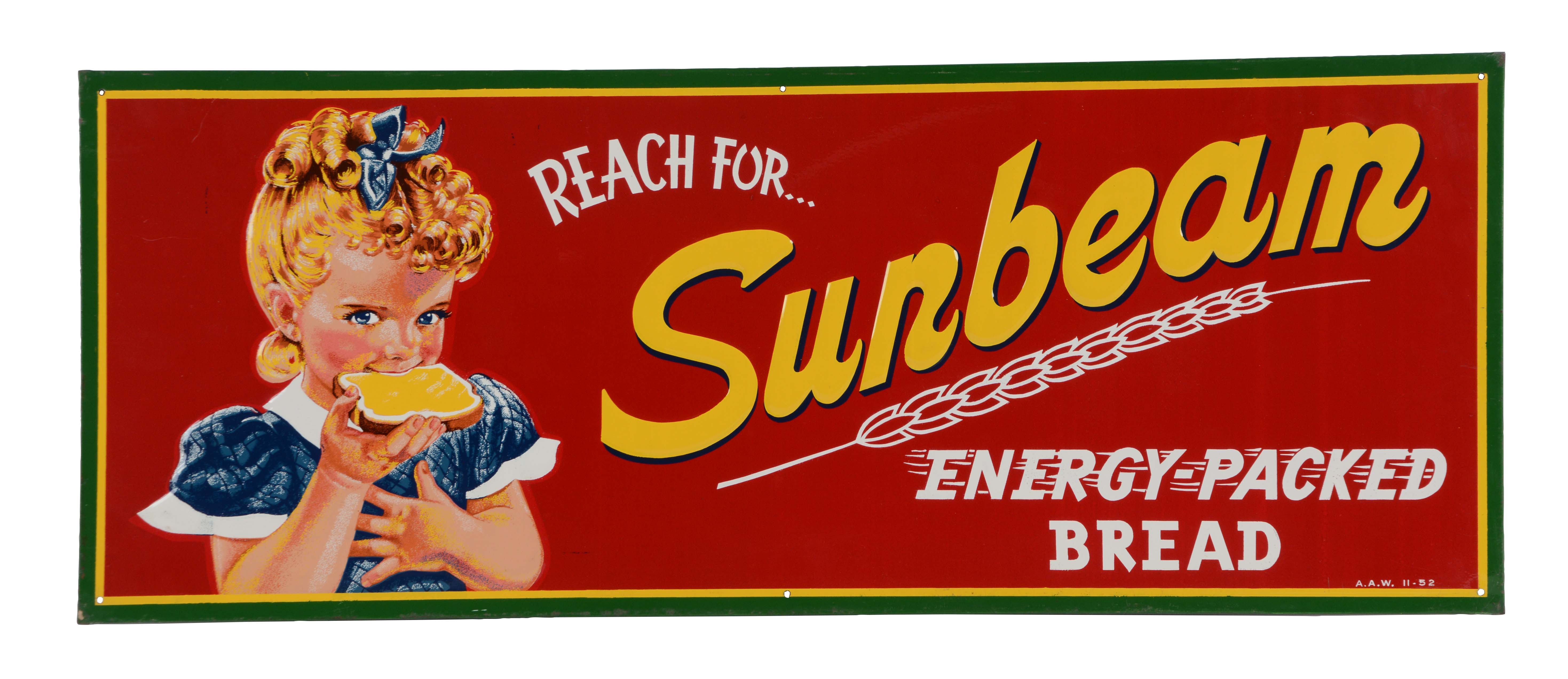 Lot Detail SUNBEAM BREAD EMBOSSED TIN SIGN WITH GIRL GRAPHIC.