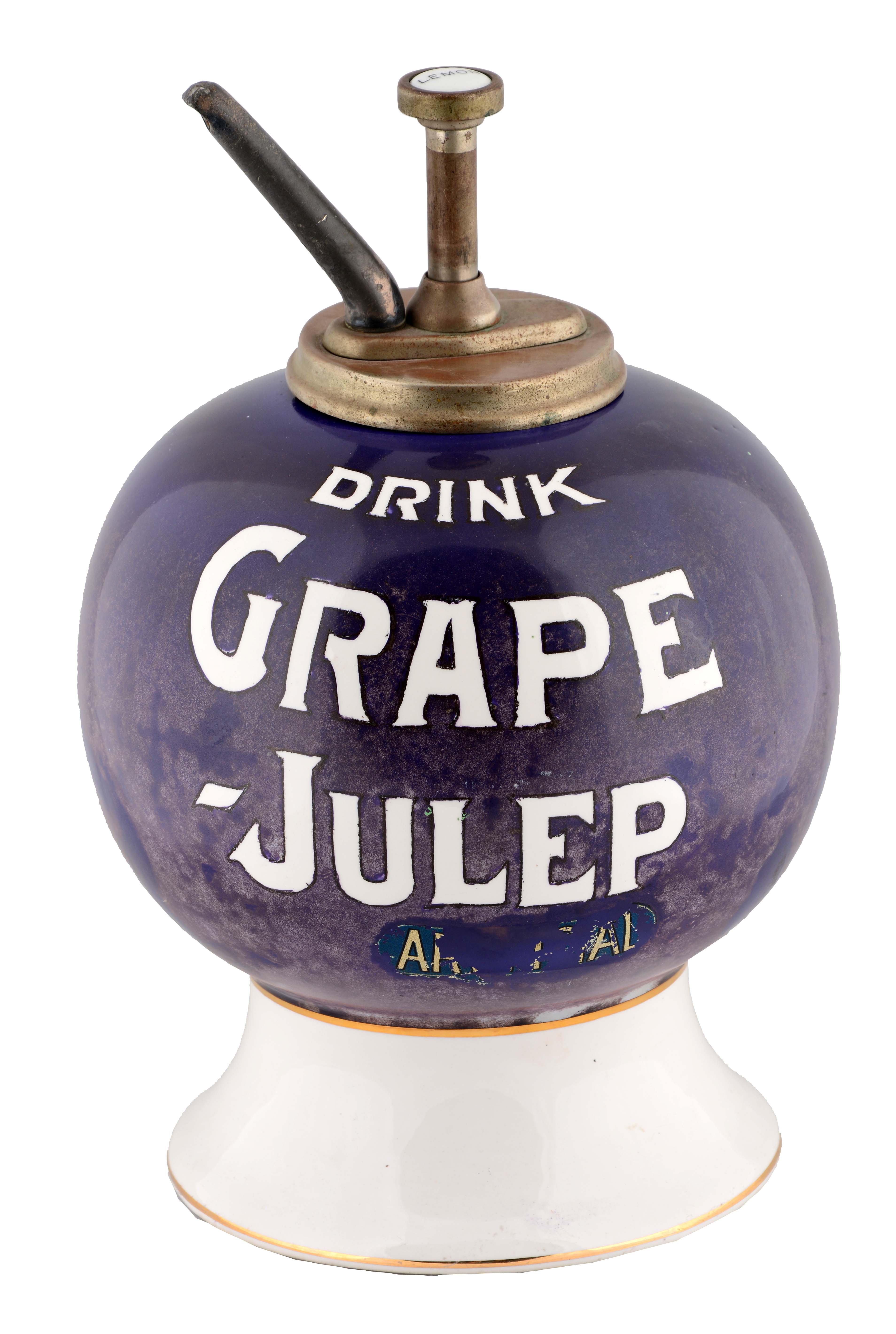 Lot Detail GRAPE JULEP SYRUP DISPENSER WITH OLD PUMP.