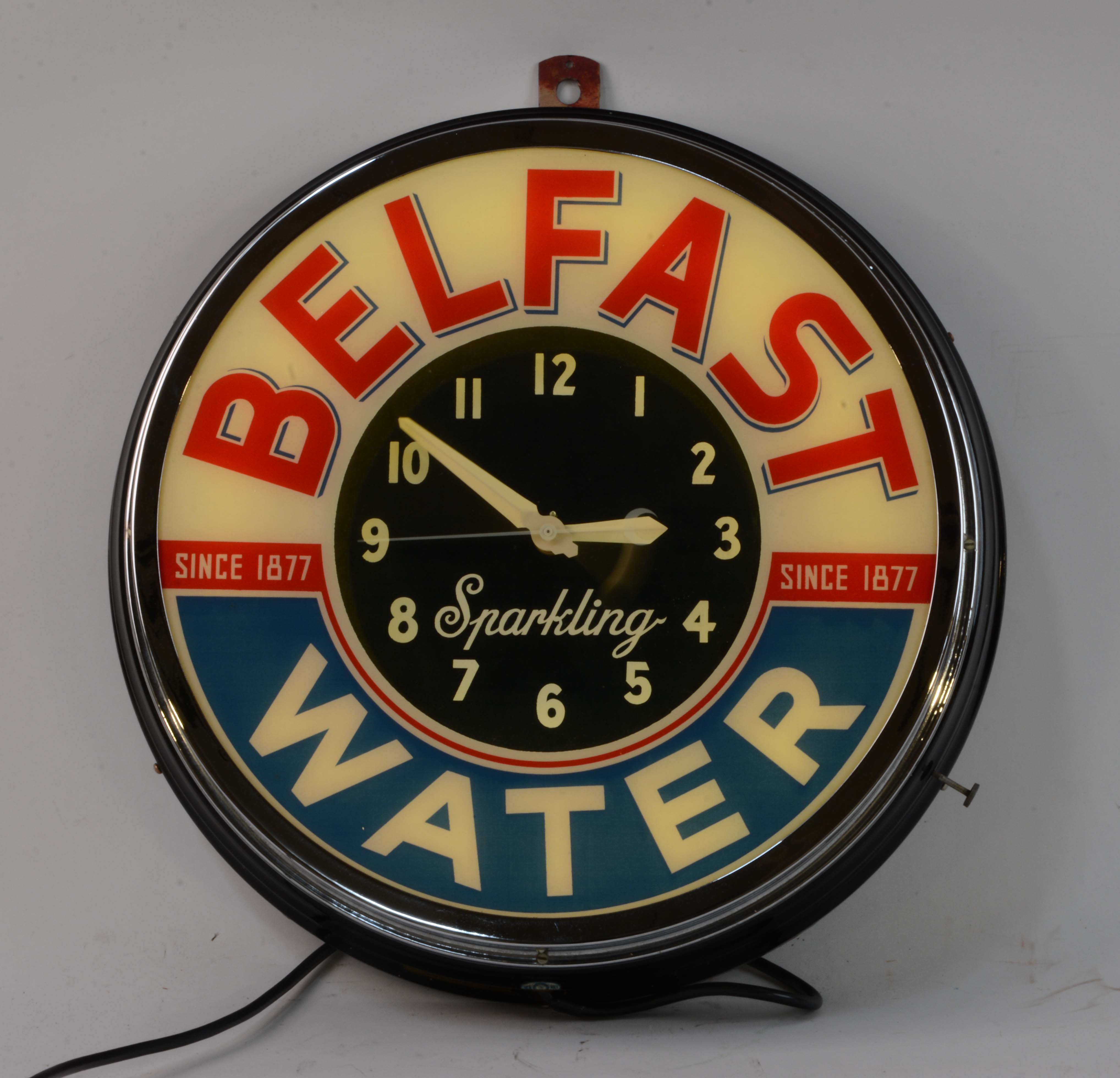 Lot Detail BELFAST WATER REVERSE ON GLASS SINCE 1877 NEON CLOCK.