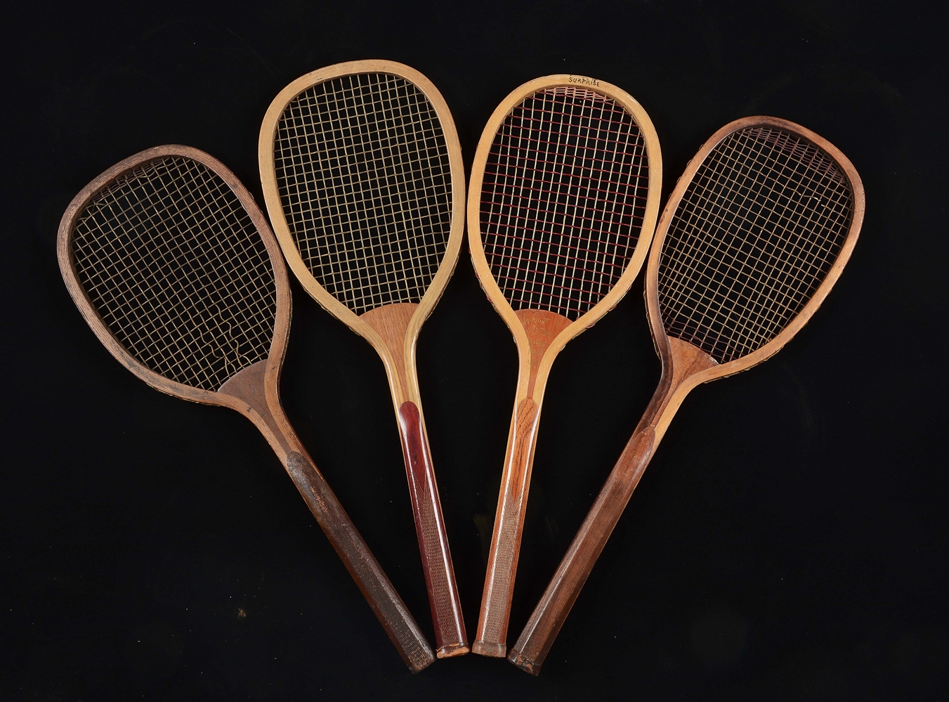Lot Detail LOT OF 4 ANTIQUE TENNIS RACKETS INCLUDING CRISSCROSS GRIPS.