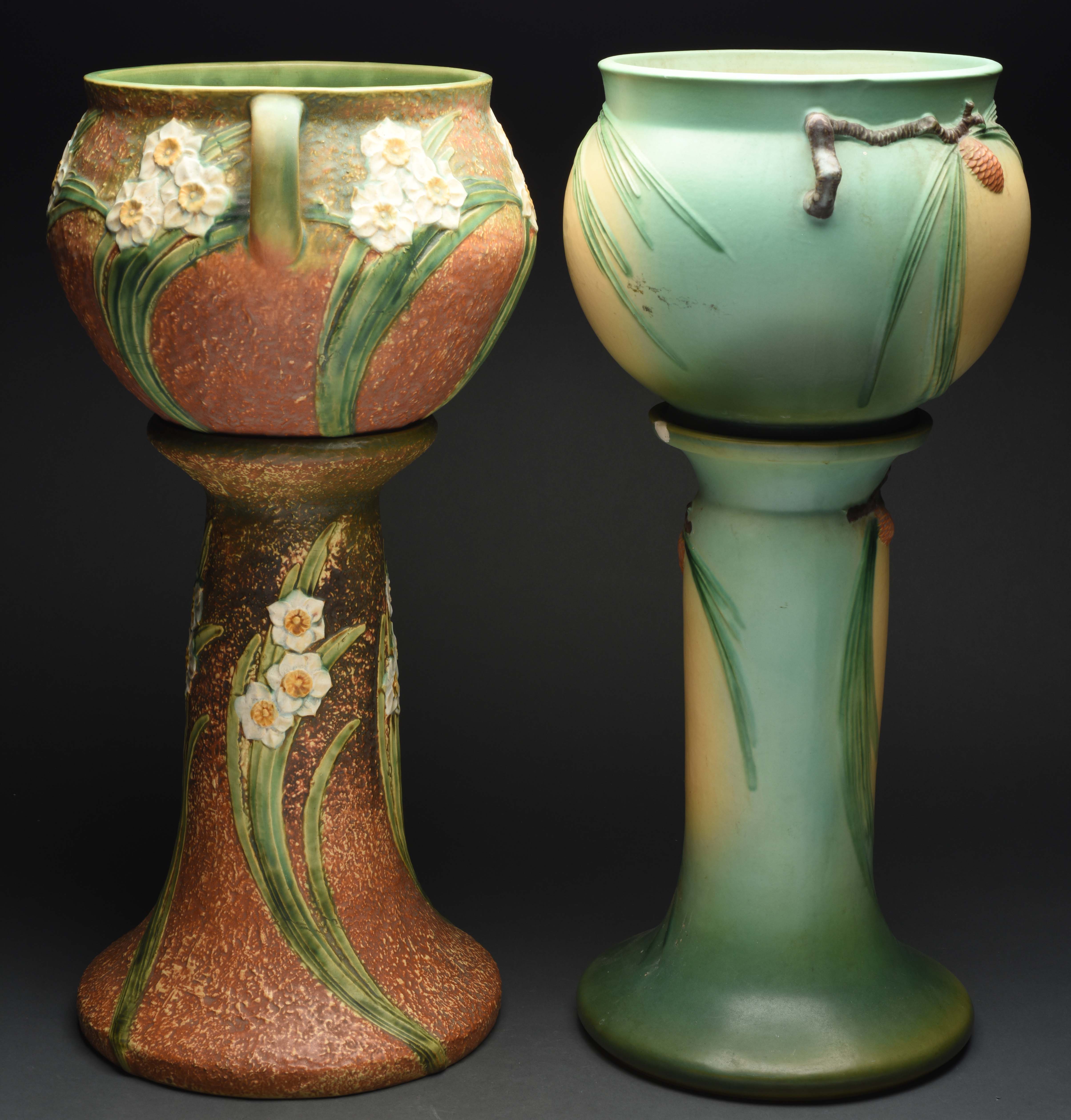 Lot Detail LOT OF 4 ROSEVILLE JARDINIERES AND PEDESTALS.