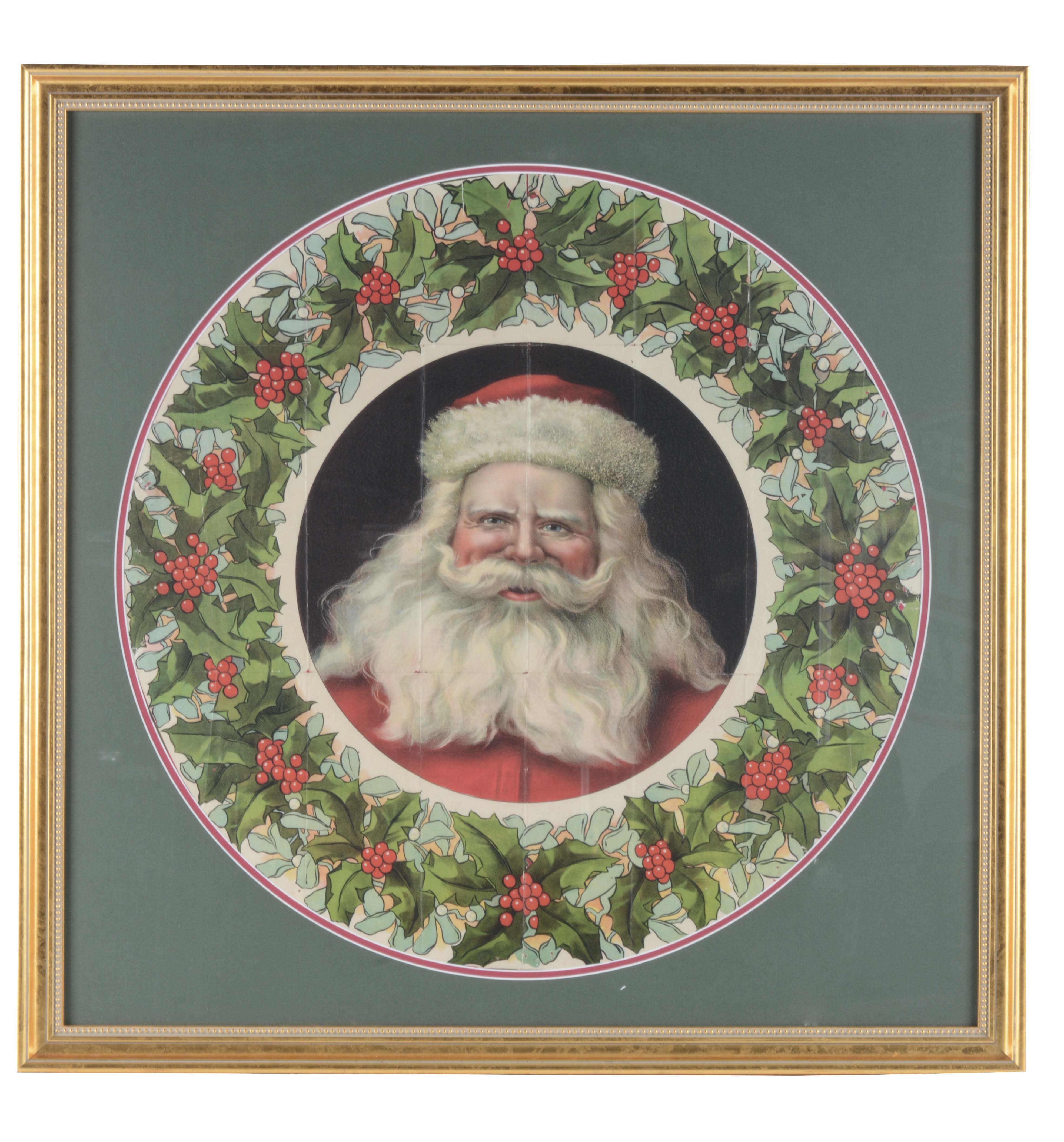 Lot Detail LARGE FRAMED SANTA CLAUS PORTRAIT SURROUNDED BY HOLLY WREATH.