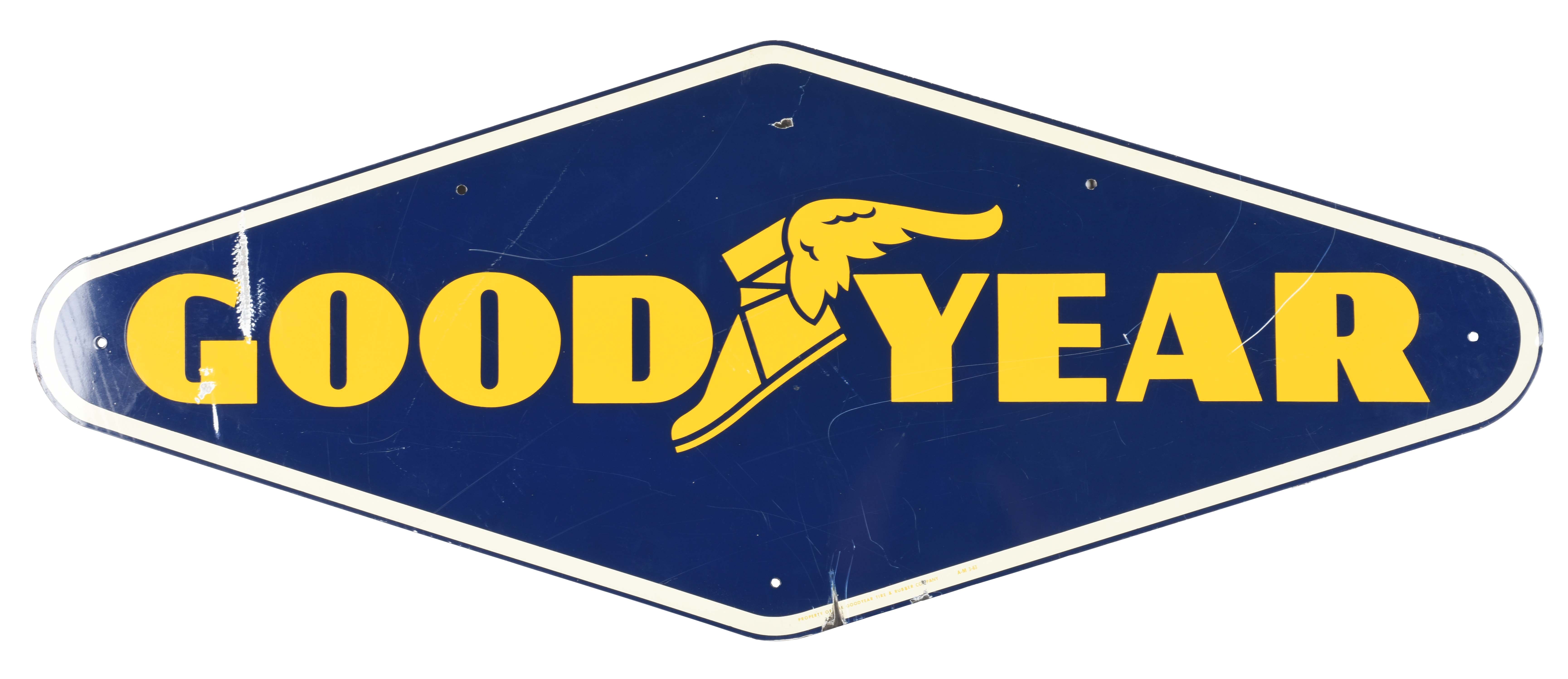 Lot Detail GOODYEAR TIRES DIE CUT TIN SIGN WITH WINGED FOOT GRAPHIC.