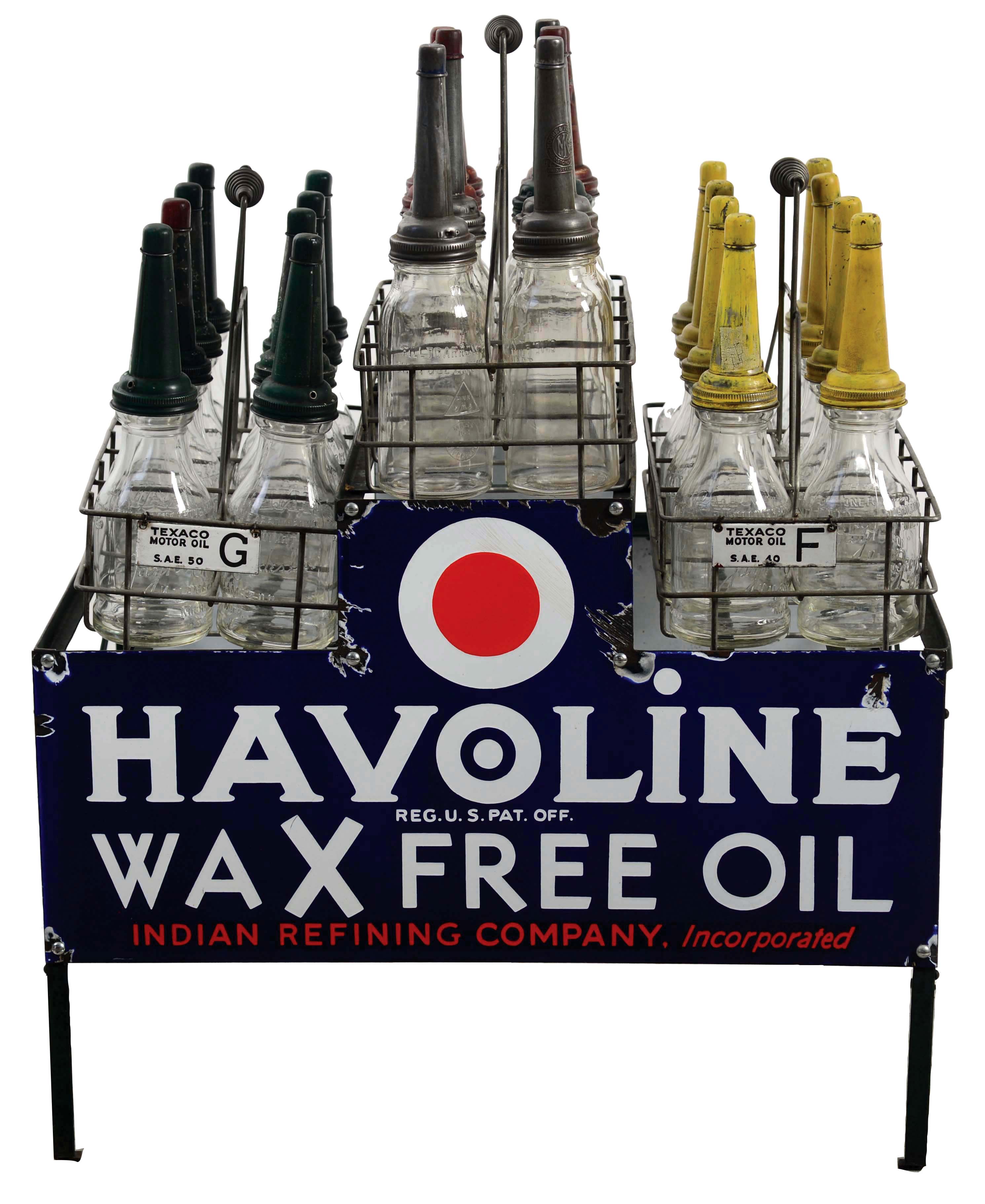 Lot Detail HAVOLINE MOTOR OIL BOTTLE RACK WITH 2 PORCELAIN SIGNS & 24