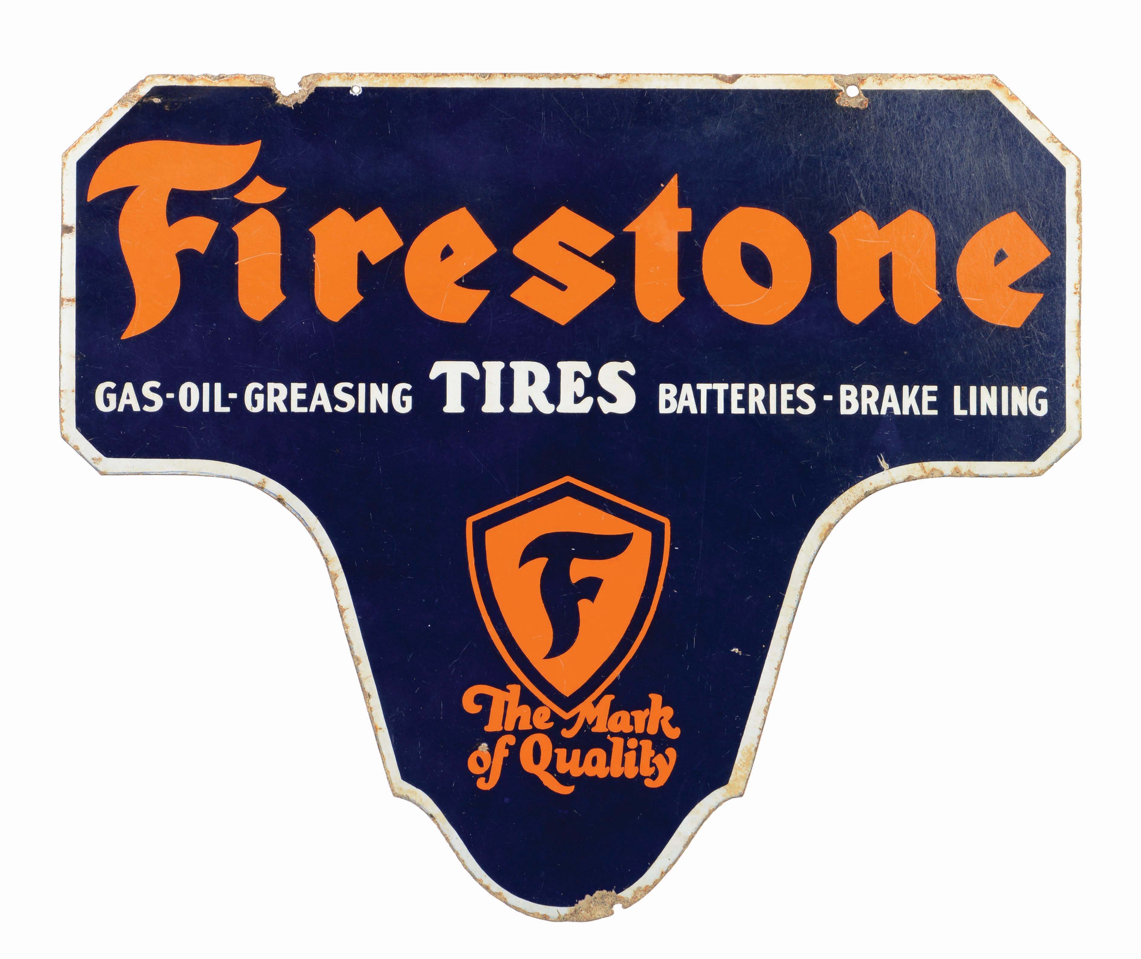 Lot Detail FIRESTONE TIRES DIE CUT PORCELAIN SERVICE STATION SIGN.