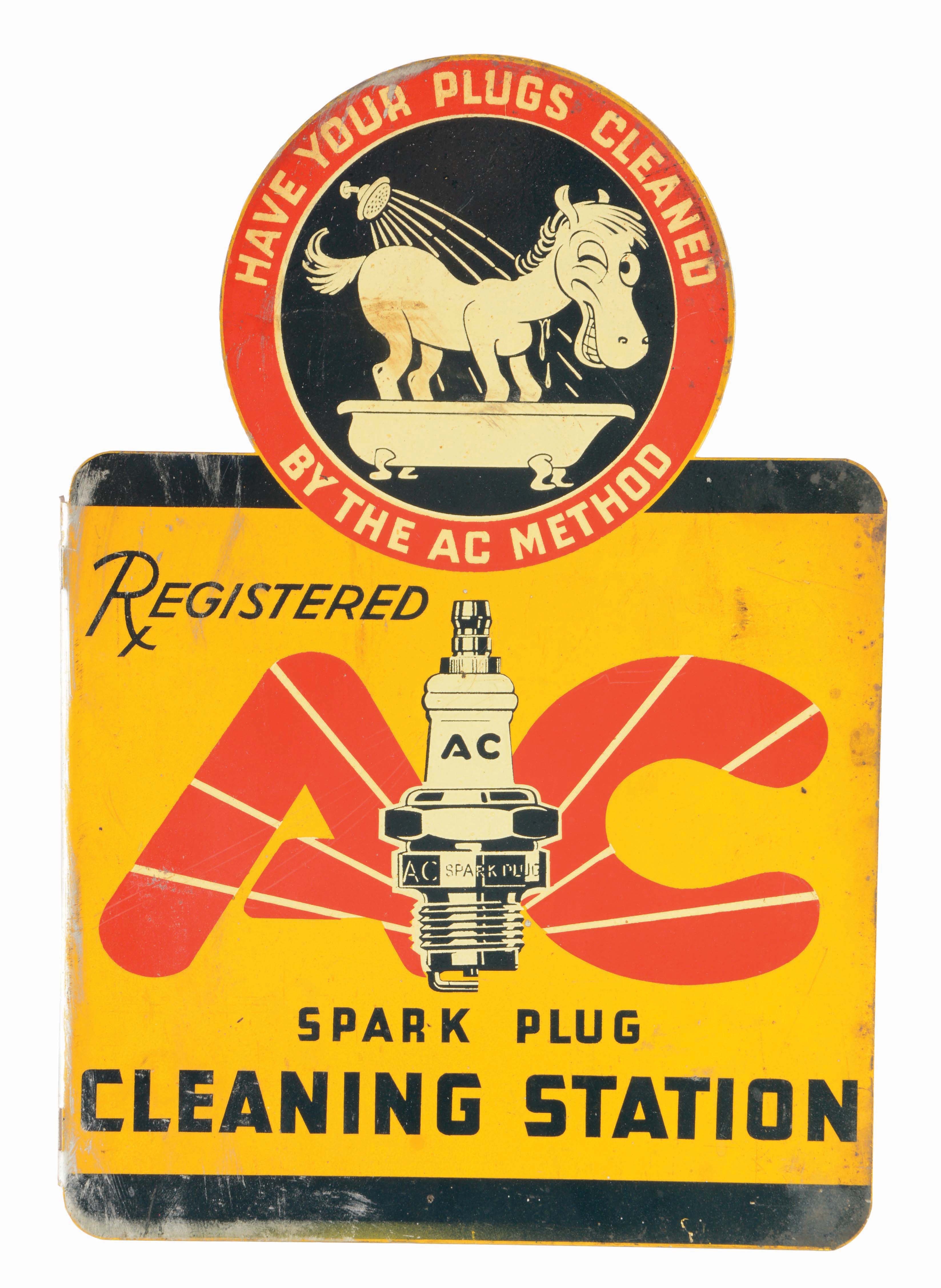 Lot Detail AC SPARK PLUGS CLEANING STATION TIN FLANGE SIGN W/ SPARKY