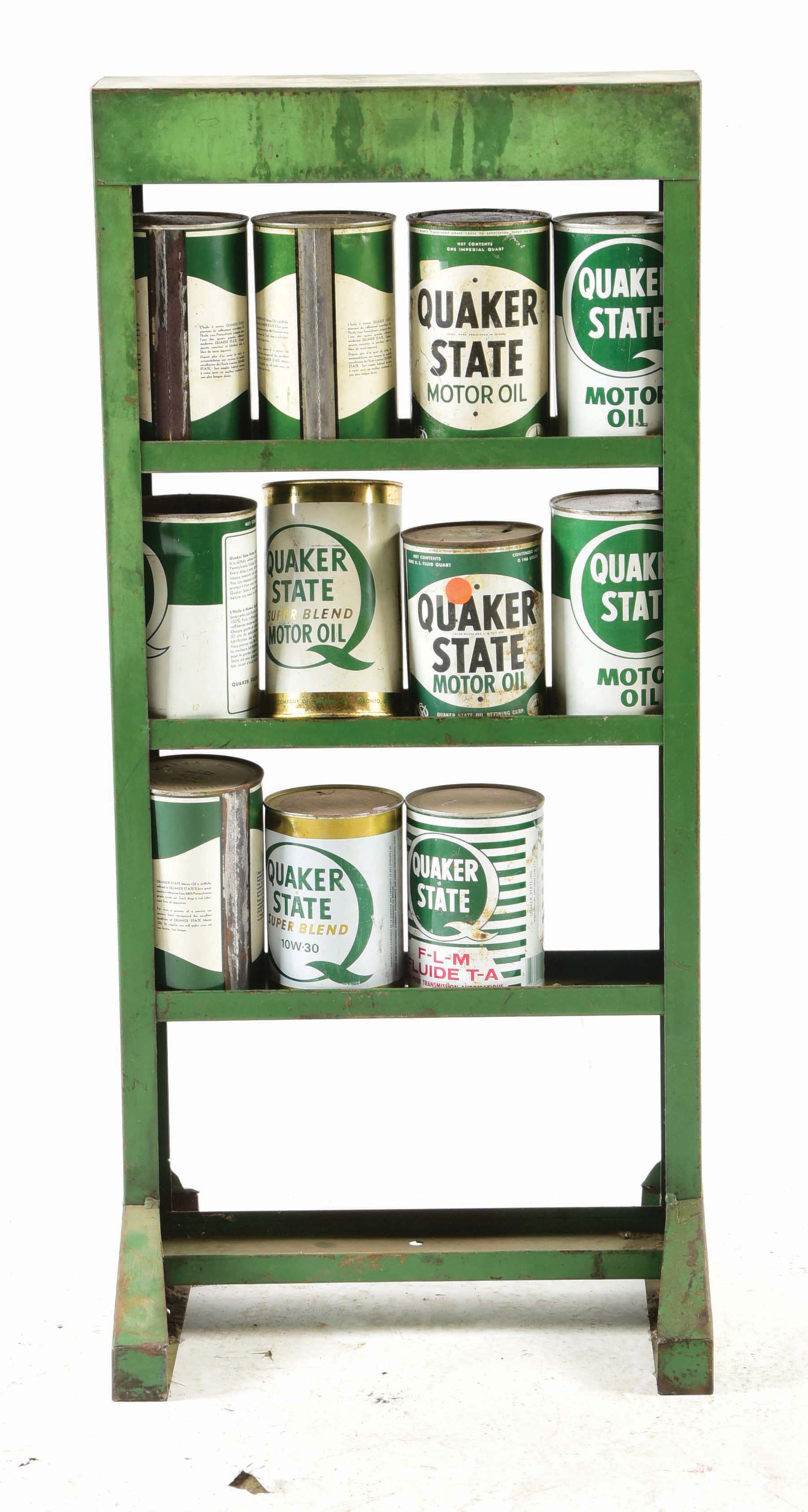 Quaker State Motor Oil Tin Quart Can Rack W/ Cans. auctions & price