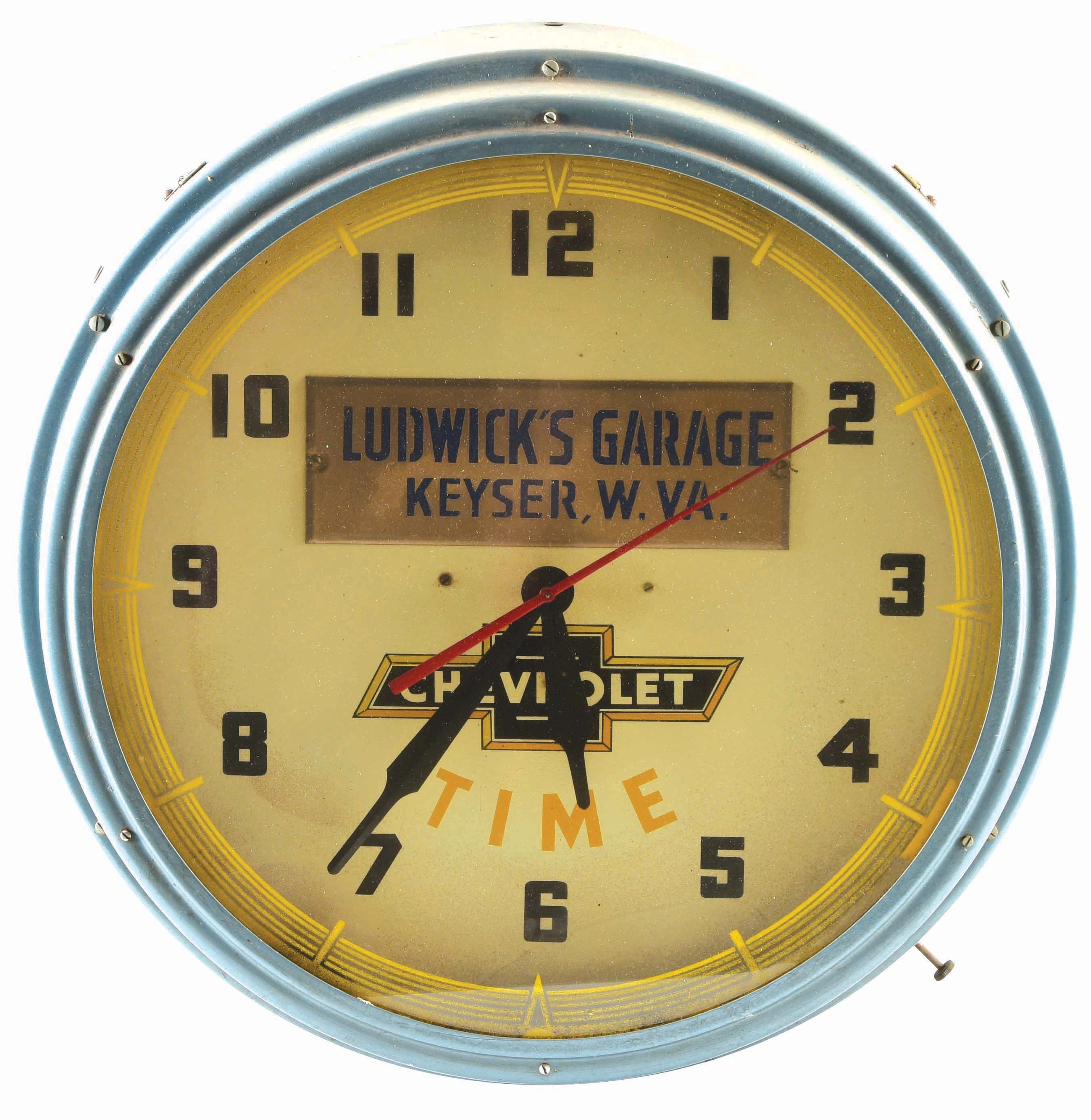 Lot Detail CHEVROLET TIME NEON DEALERSHIP CLOCK FOR LUDWICK'S GARAGE.