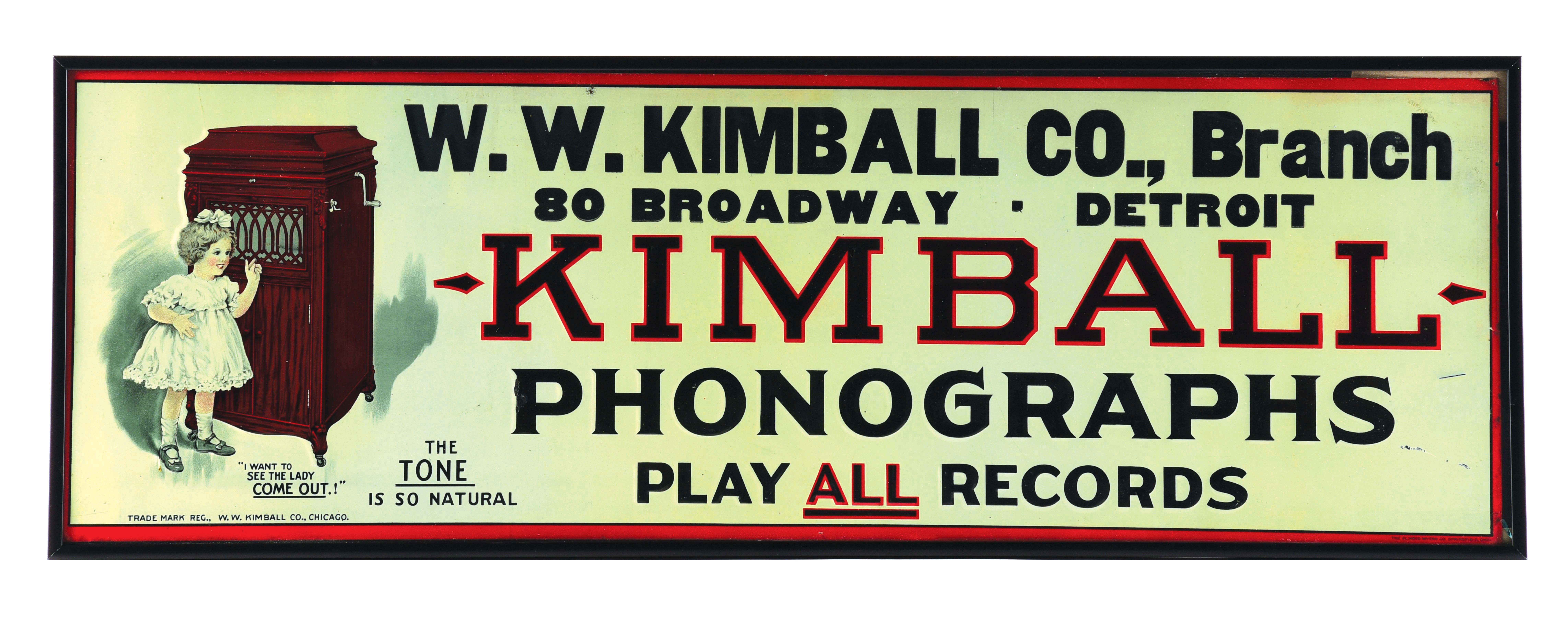 Lot Detail KIMBALL PHONOGRAPH EMBOSSED TIN DEALER SIGN.
