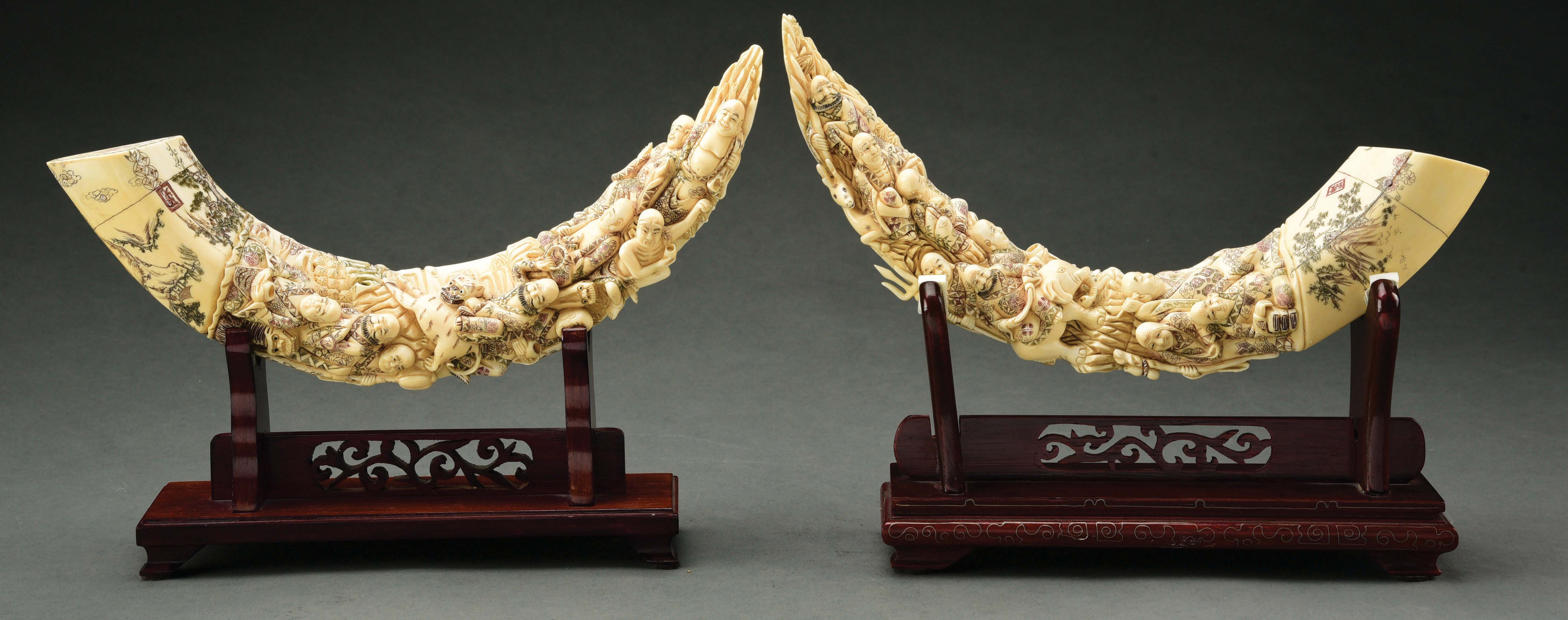 Lot Detail PAIR OF CARVED IVORY TUSKS.