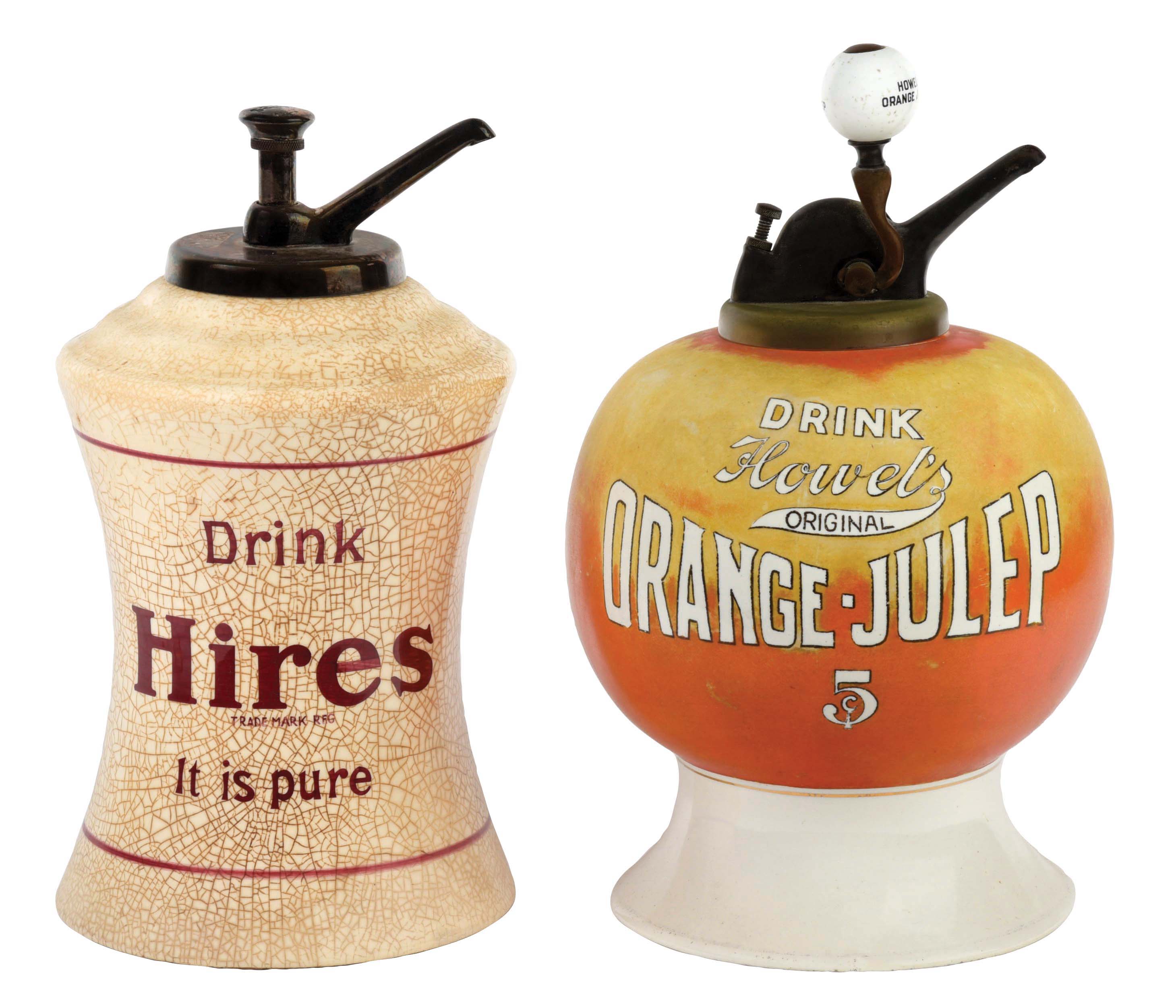 Lot Detail LOT OF 2 HIRES HOURGLASS SYRUP DISPENSER & ORANGE JULEP DISPENSER.