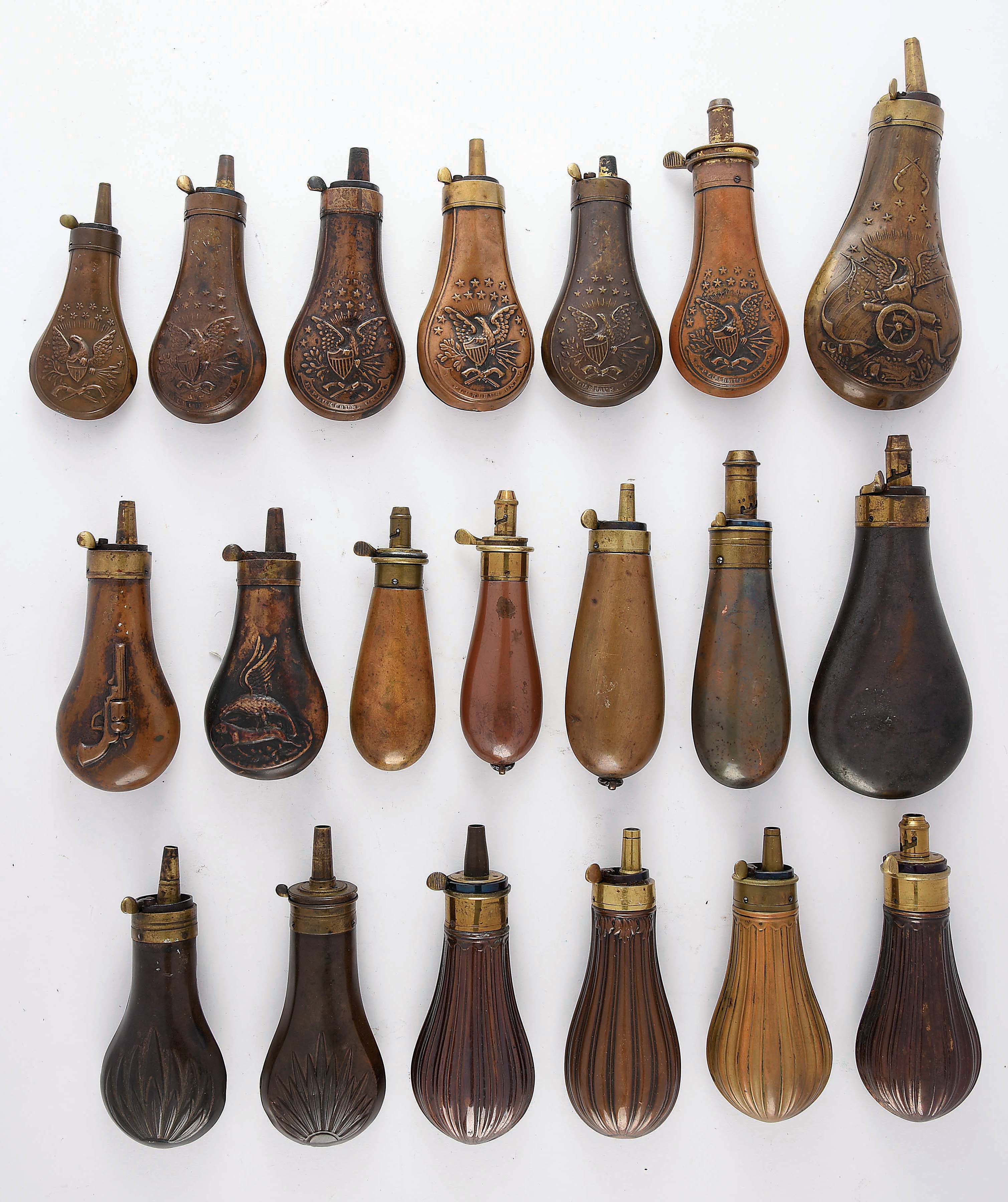 Lot Detail LOT OF 20 ANTIQUE POWDER FLASKS.