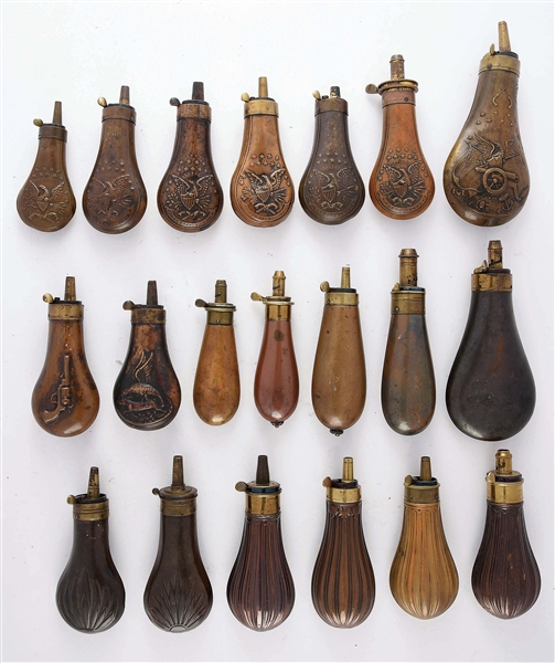 Lot Detail LOT OF 20 ANTIQUE POWDER FLASKS.