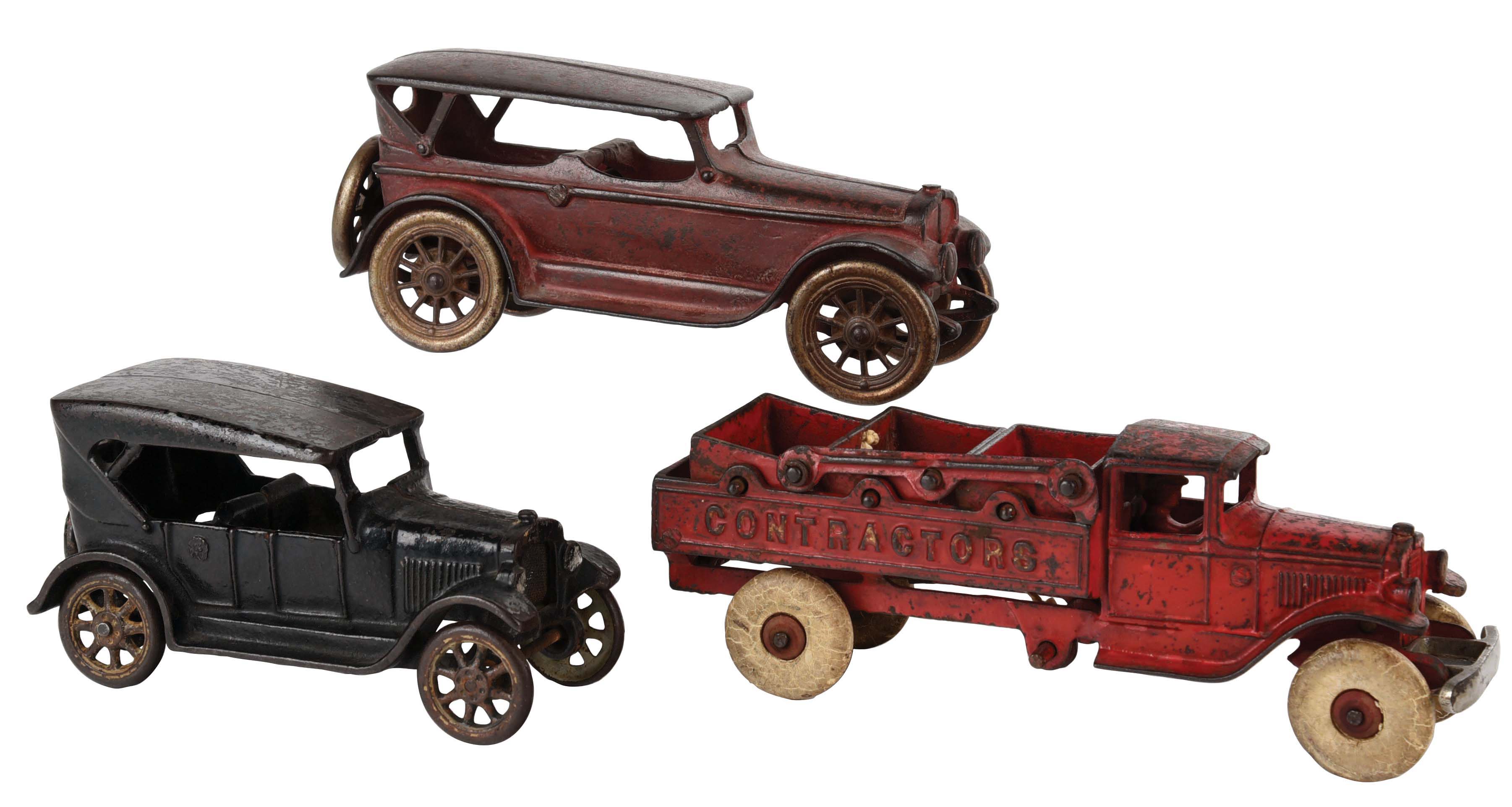 Lot Detail LOT OF 3 CASTIRON AMERICAN MADE TOY CARS AND TRUCKS.