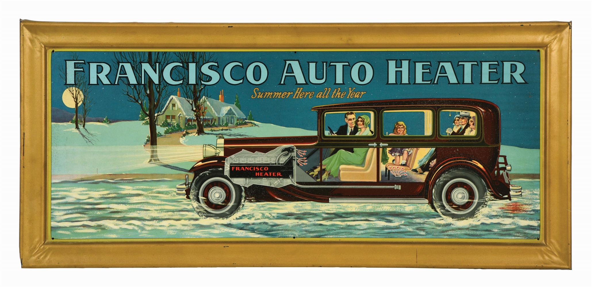 Lot Detail FRANCISCO AUTO HEATER TIN SIGN W/ CAR GRAPHICS & SELF FRAMED EDGE.