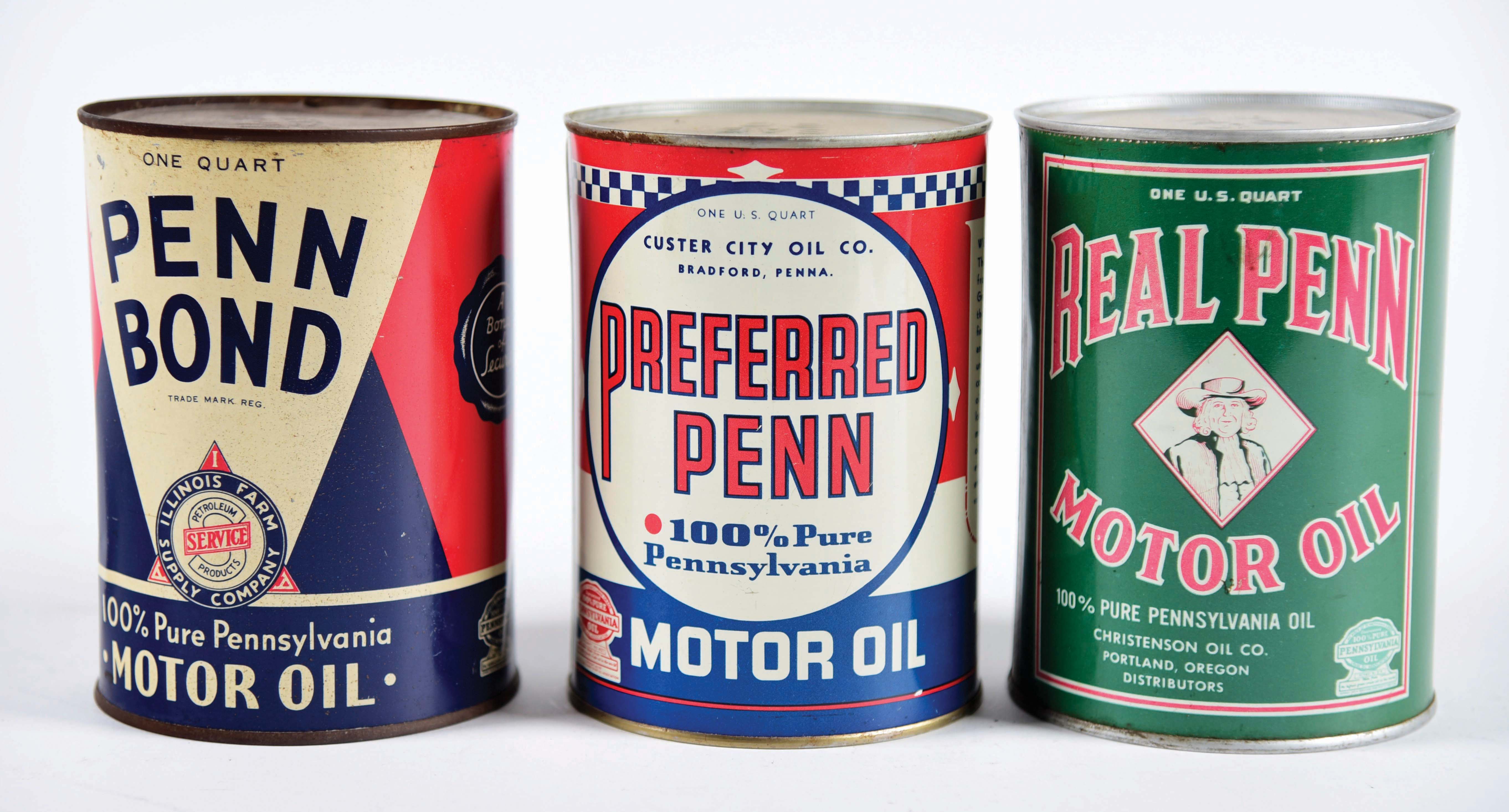 Lot Detail LOT OF 3 ONE QUART CANS FROM REAL PENN, PREFERRED PENN & PENN BOND MOTOR OIL.
