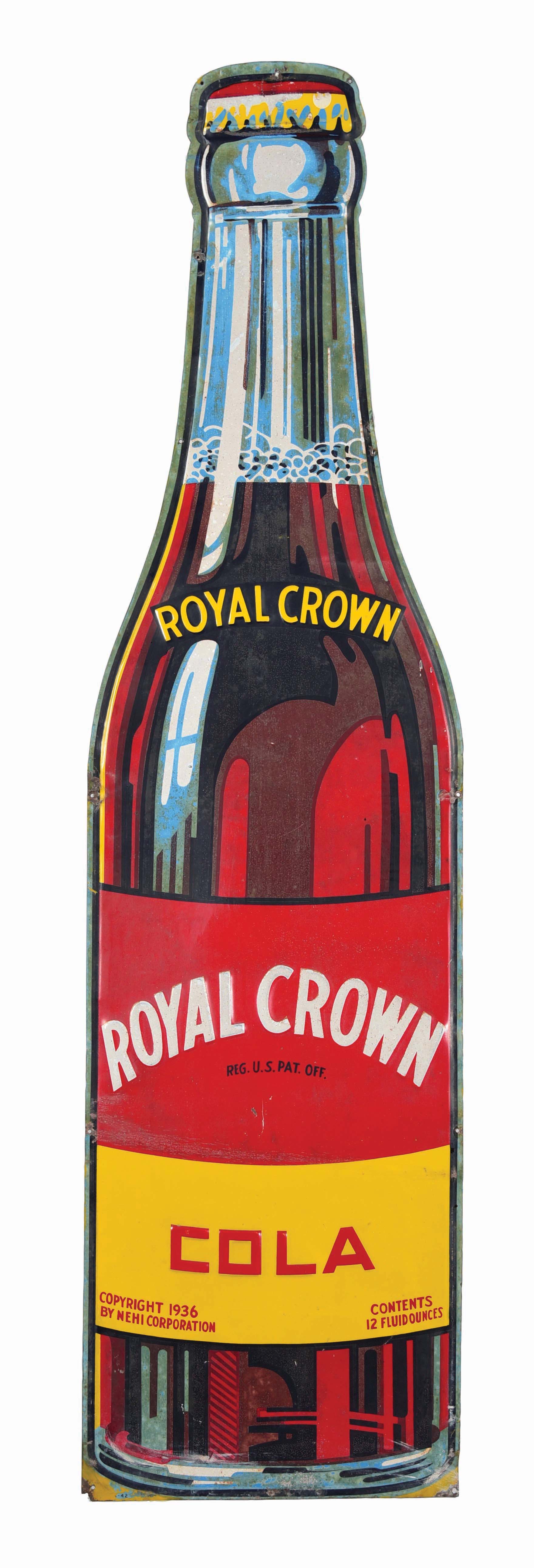 ROYAL CROWN COLA DIE CUT EMBOSSED TIN SODA BOTTLE SIGN. auctions